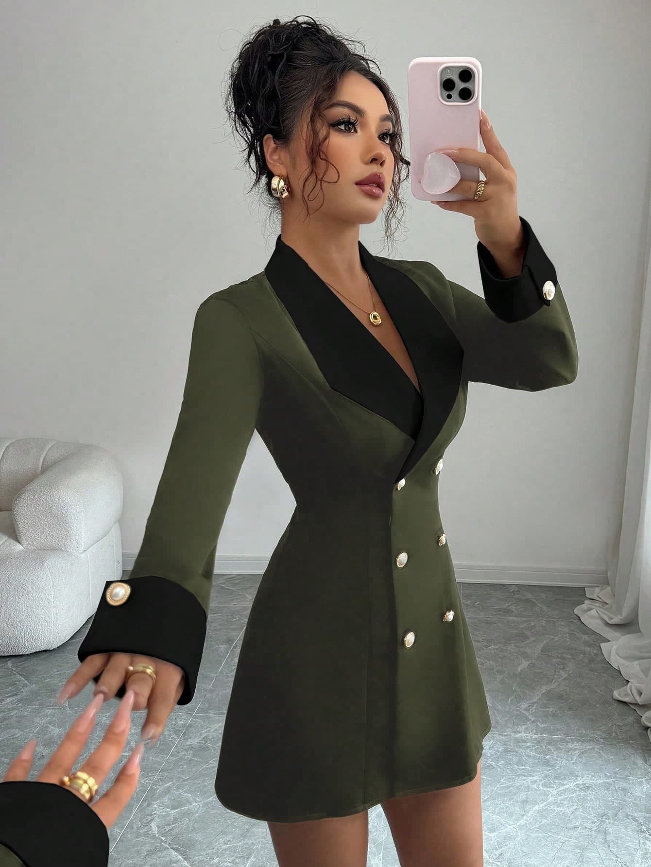 Selianne Minimalist Dark Green Color Matching Long Sleeve Double-Breasted Short Dress,Elegant Autumn Women At Work,Formal Evening Dinner Dates Dress