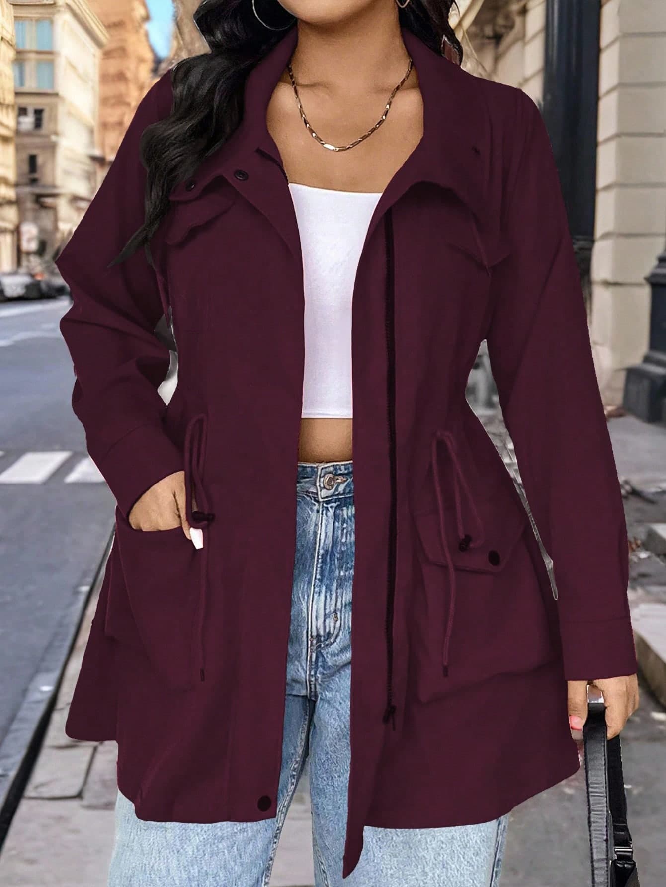 EMERY ROSE Plus Size Hooded Cinched Waist Long Sleeve Jacket With Pockets Fall
