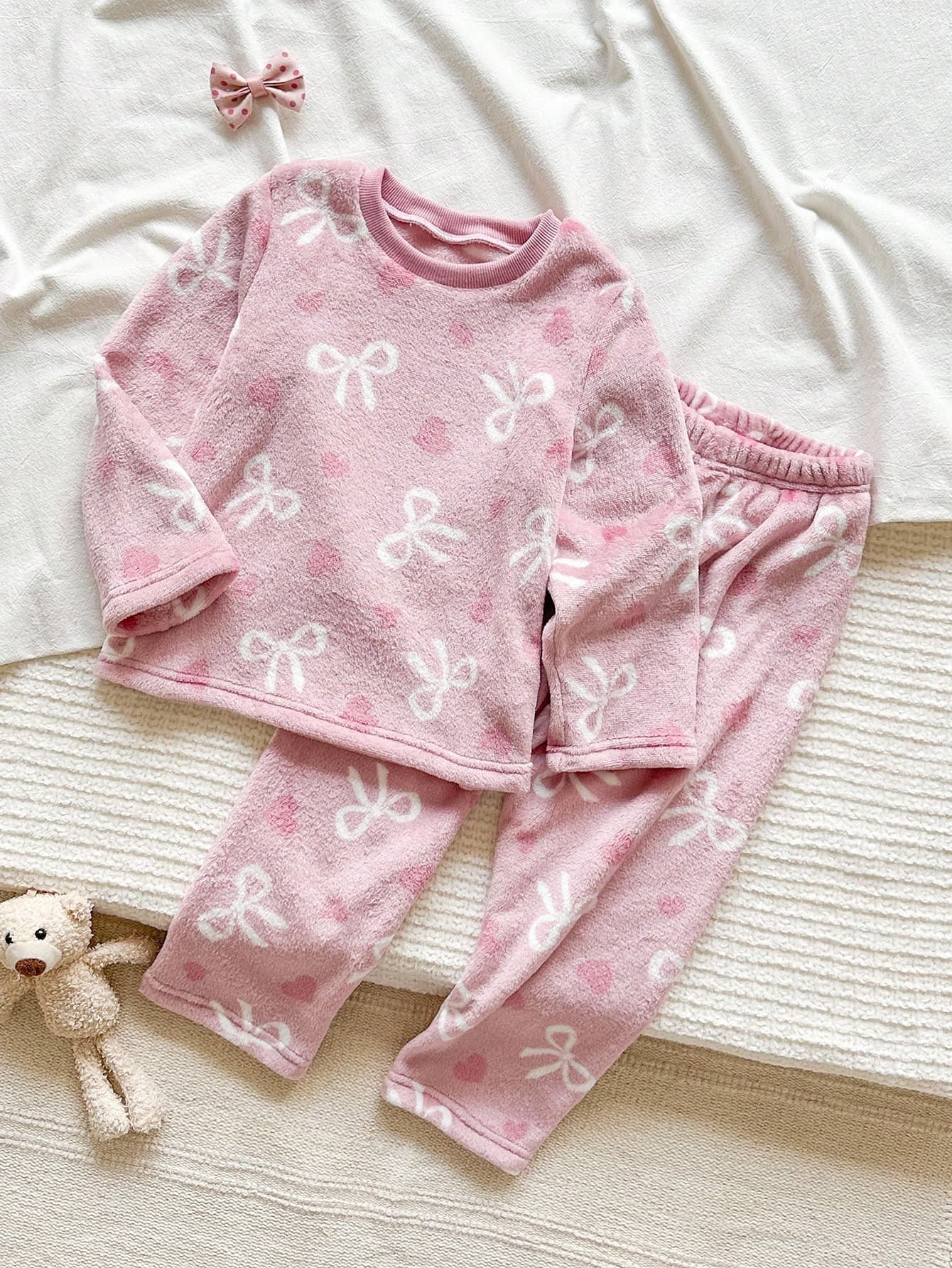 2pcs Girls Pajama Set, Pink Bow & Heart Flannel Print, Cozy Soft Fleece Round Neck Long Sleeve Top And Pants, Suitable For Daily Wear Or Loungewear