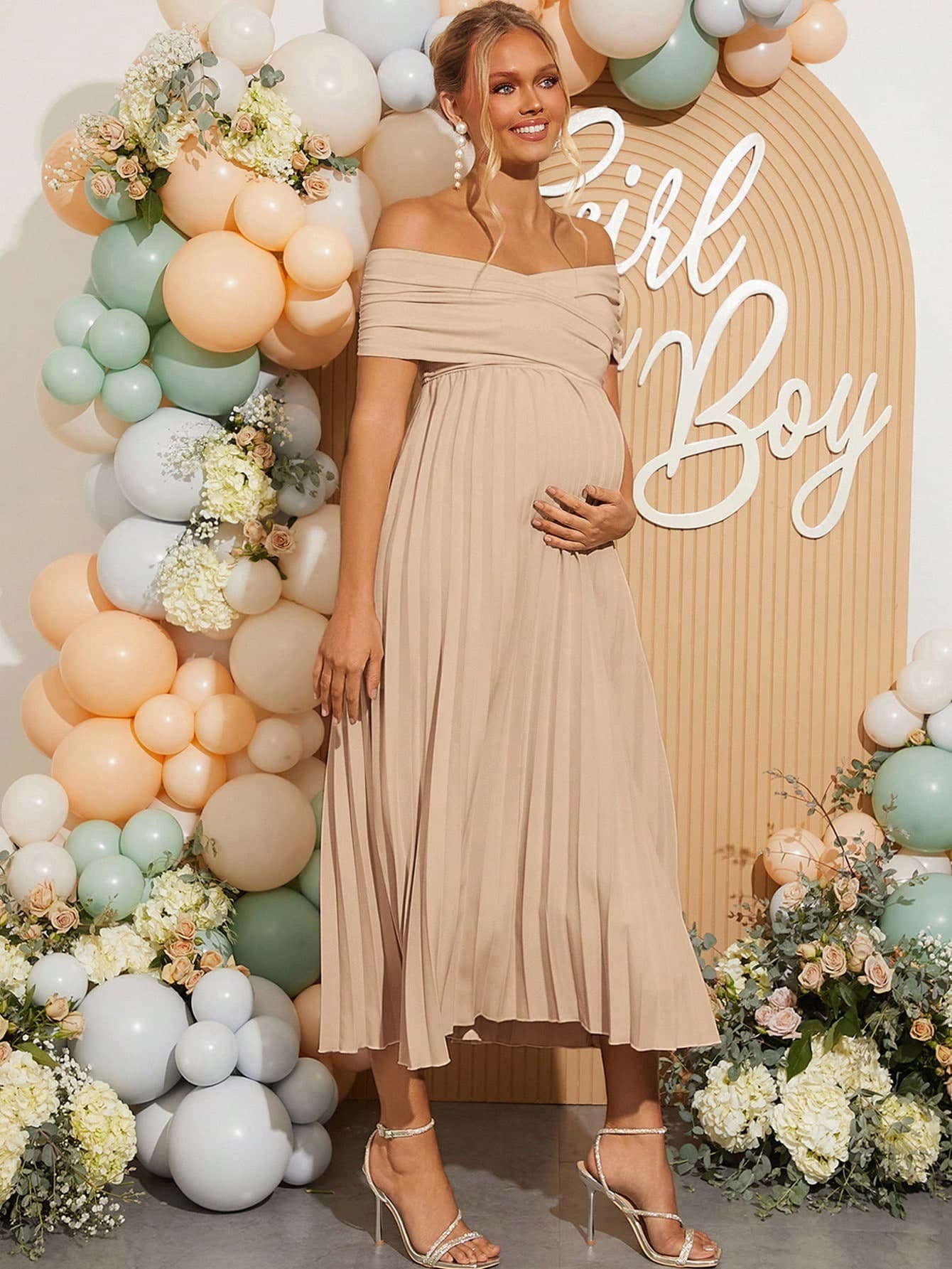 Loomaby Elegant Party Solid Color Pleated Off-Shoulder Maternity Dress Beige Scarf Neutral Dresses For Women Earth Tone Two Piece Set