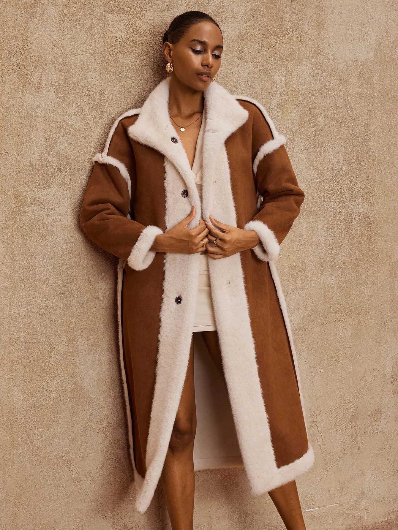 Lumalex Women's Casual Long Faux Fur Coat With Contrast Color, Long Sleeve, Single-Breasted,