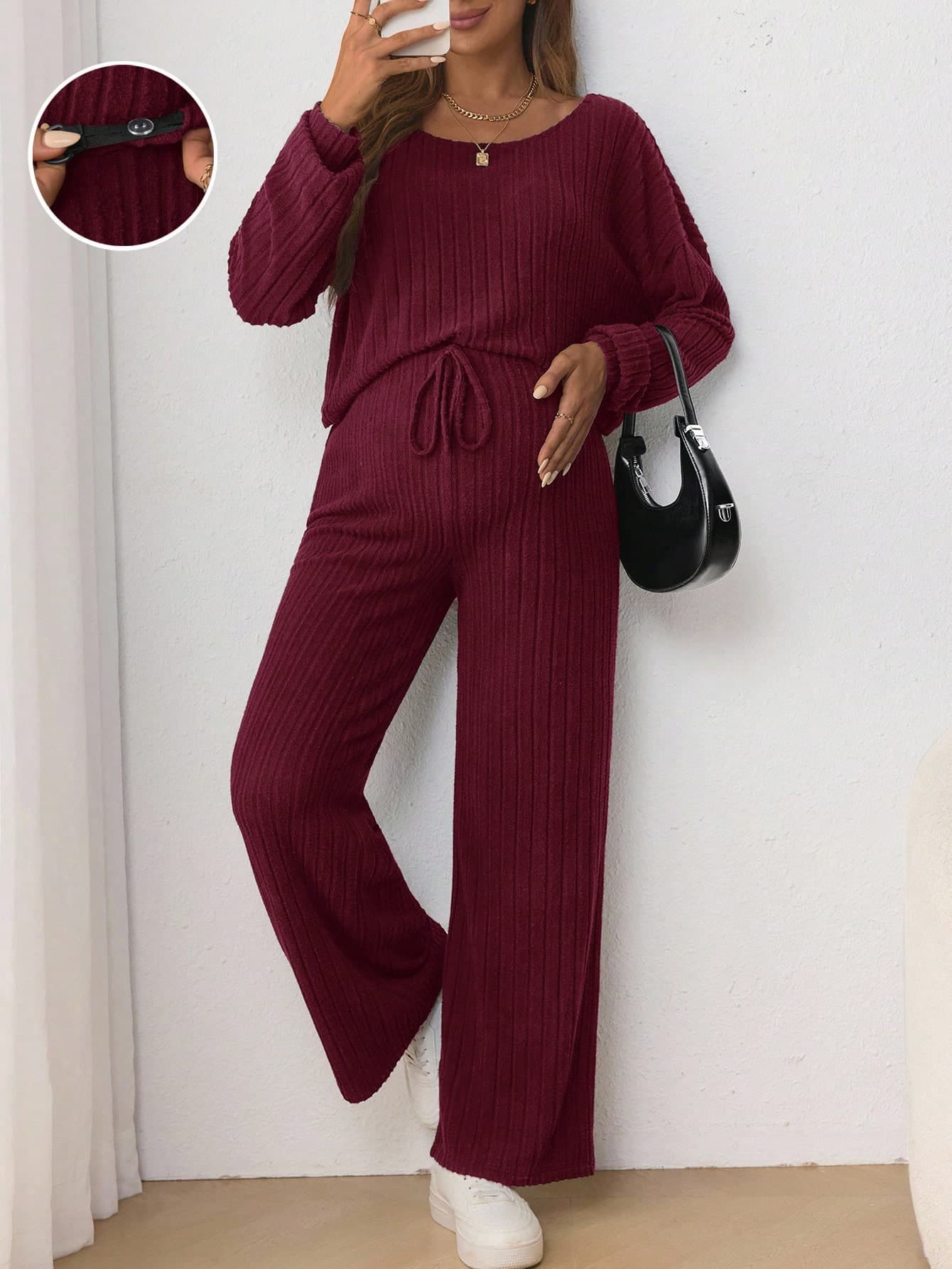 SHEIN 2pcs Maternity Casual Burgundy Autumn Knit Set,Round Neck Long Sleeve T-Shirt&Adjustable Drawstring Waist Loose Fit Bowknot Ribbed Pants Two Piece Set