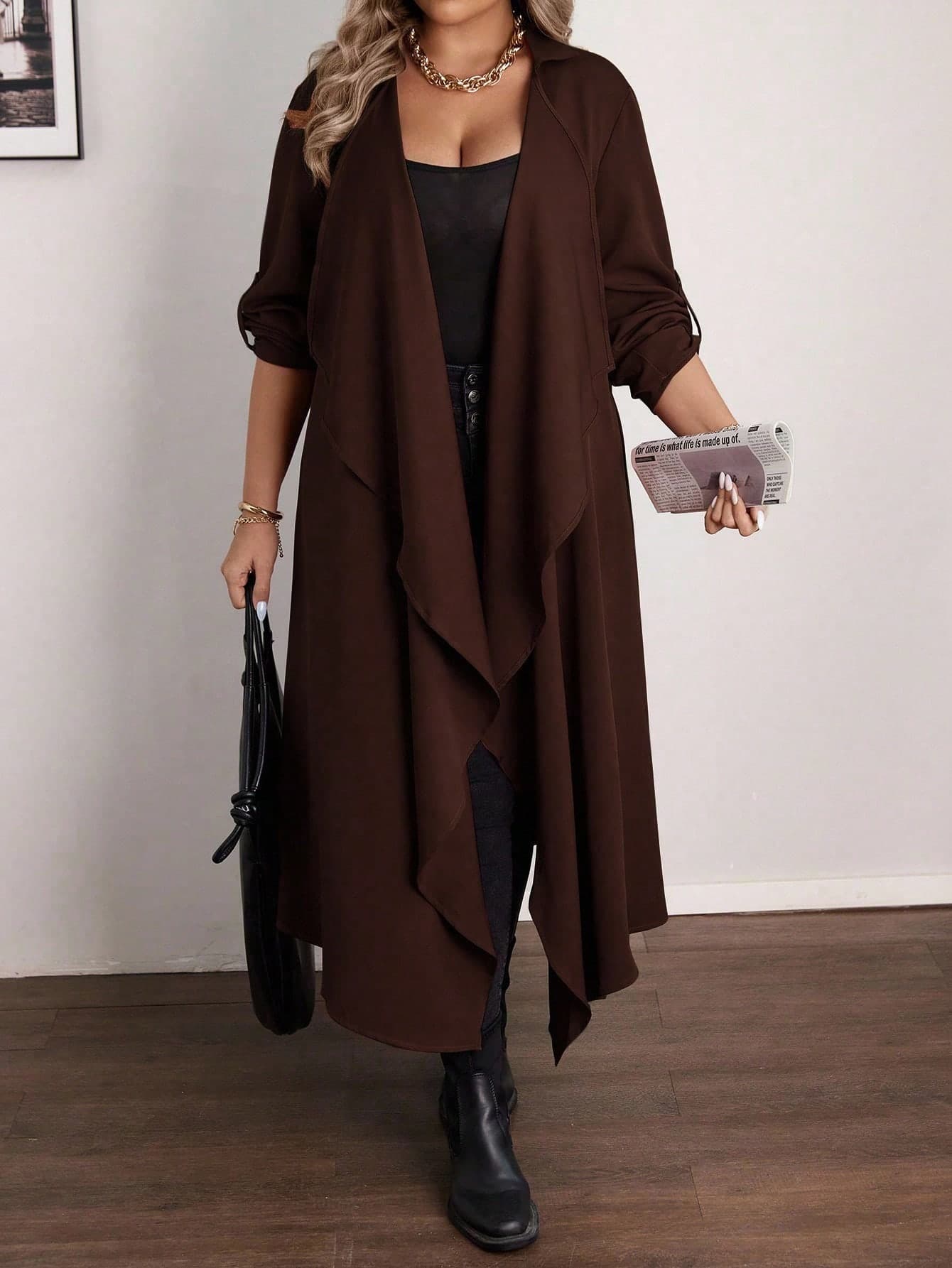 Vionelle Plus Size Casual Waterfall Collar Long Jacket Fall Women Long Cardigan Long Cardigans Ladies Brown Chocolate Brown Coat For Countryside