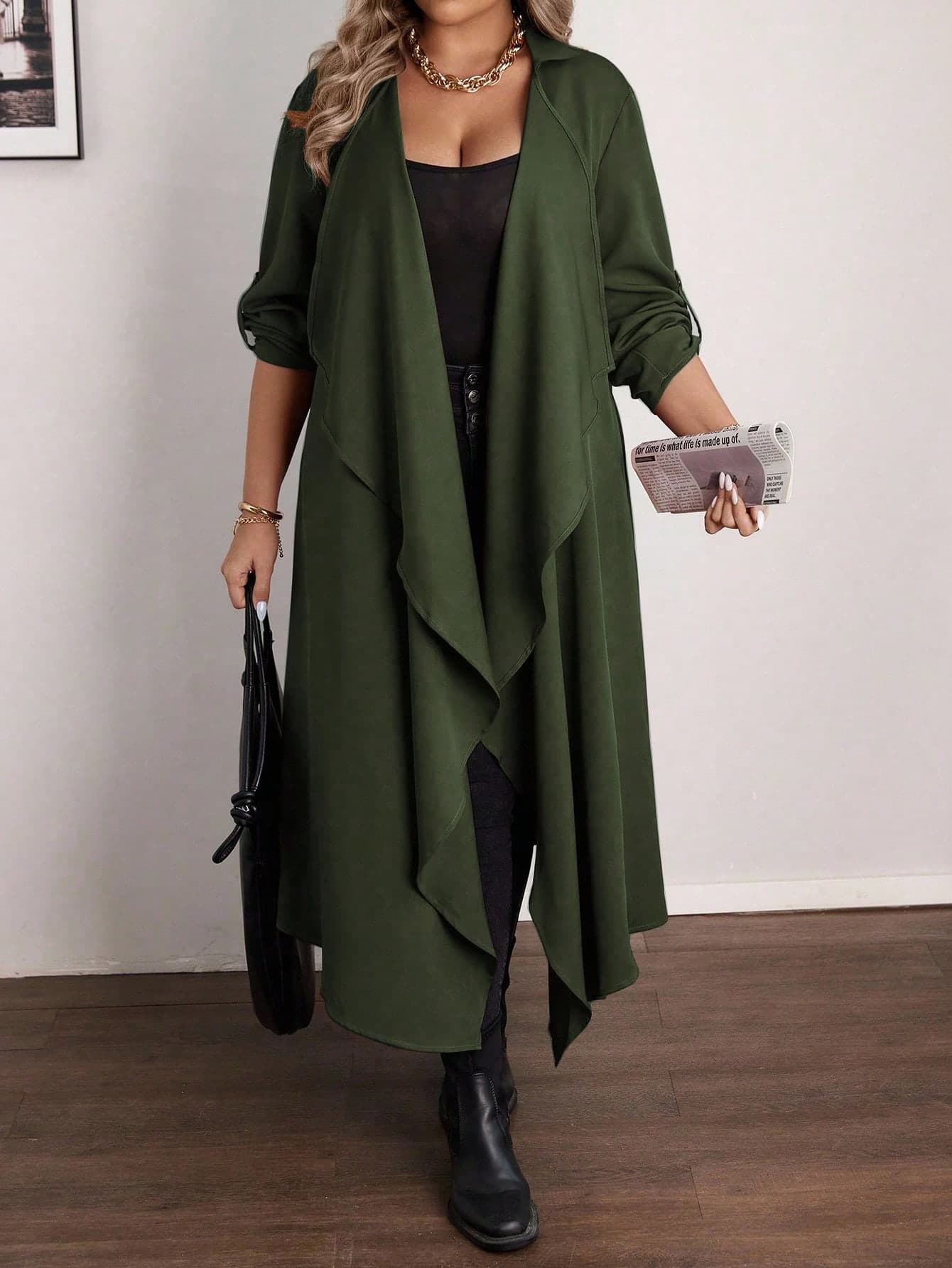 Vionelle Women Plus Size Army Green Long Jacket Elegant Office Evening Formal Hiking Casual Waterfall Collar Draped Cardigan Autumn Asymmetrical Hem