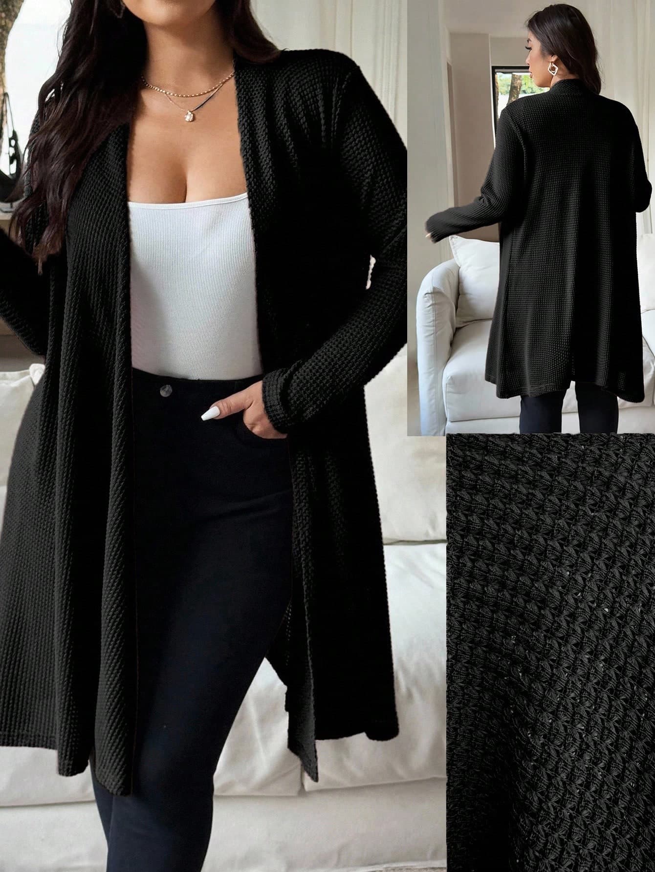 Vionelle Plus Size Casual Vacation Knit Cardigan Long Cardigan For Women Black Cardigan Black Clothes For Women Curve Cardigan Duster Cardigan Fall