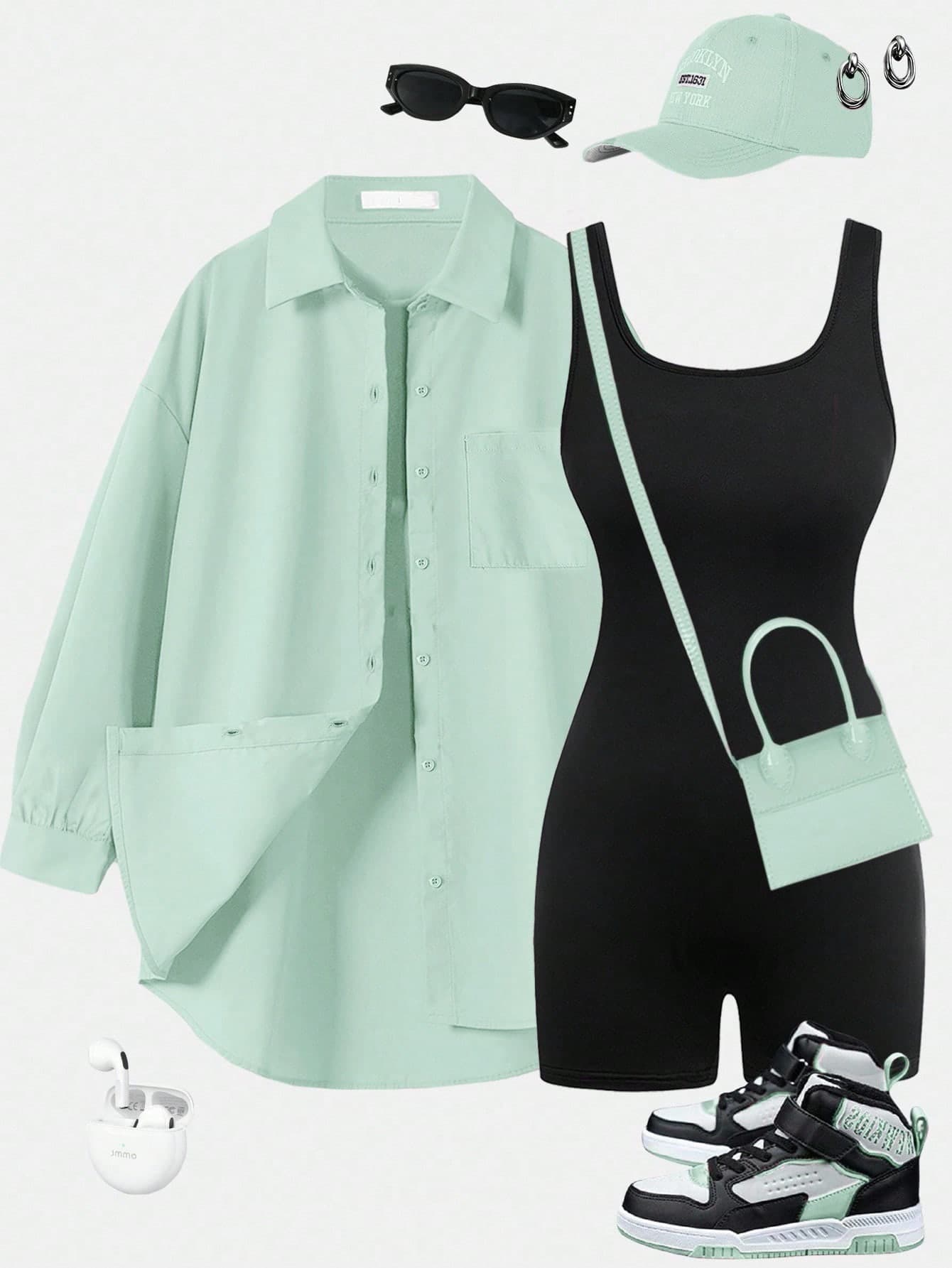 SHEIN Frenchy Y2K Streetwear 2pcs Matching Set:Oversized Mint Green Shirt & Slim Black Bodysuit Shorts,Women's Summer Casual Athleisure Outfit For Travel Occasion