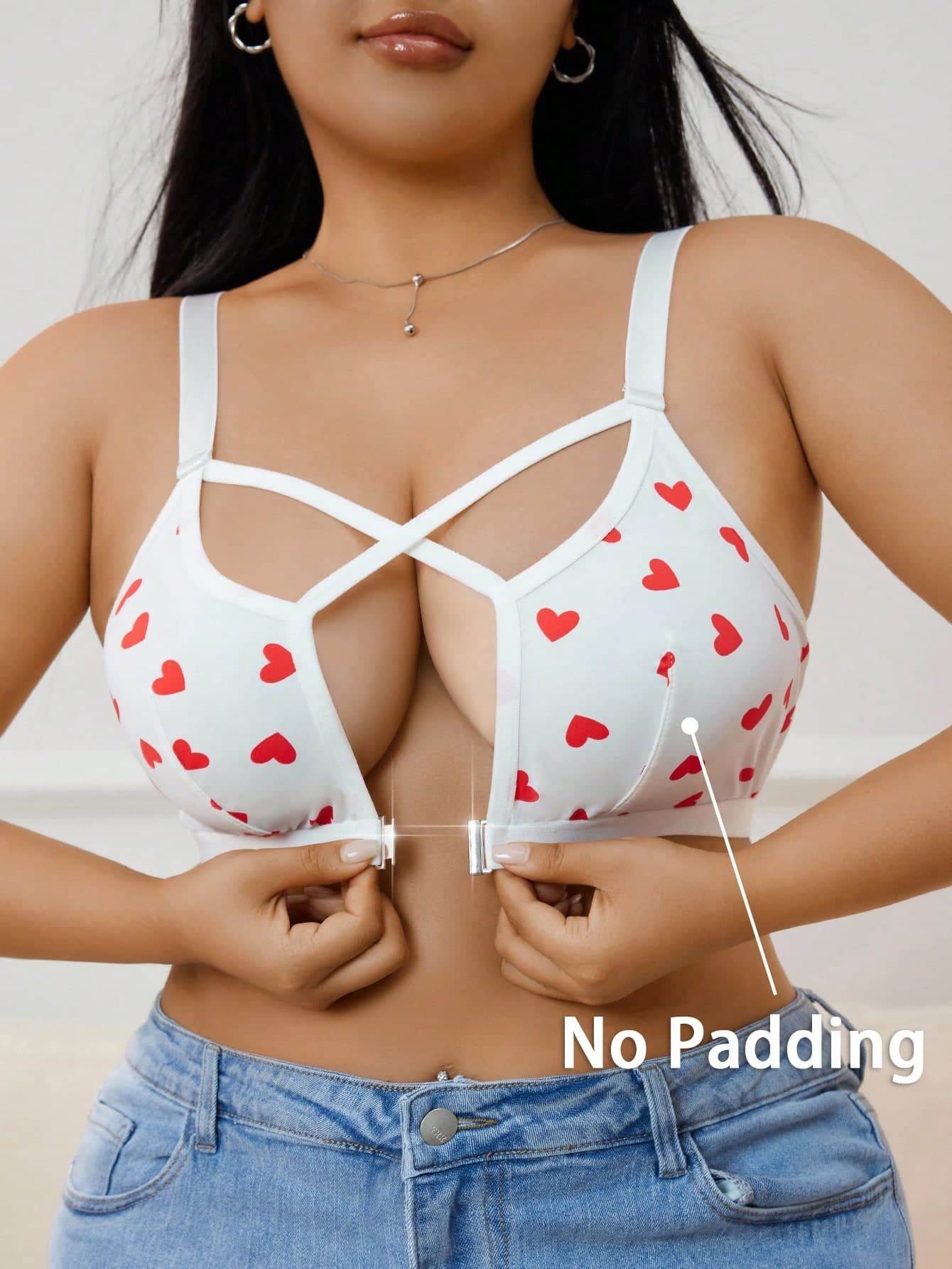 SHEIN Plus Size Women Heart Print Letter Elastic Band Front Close Bra
