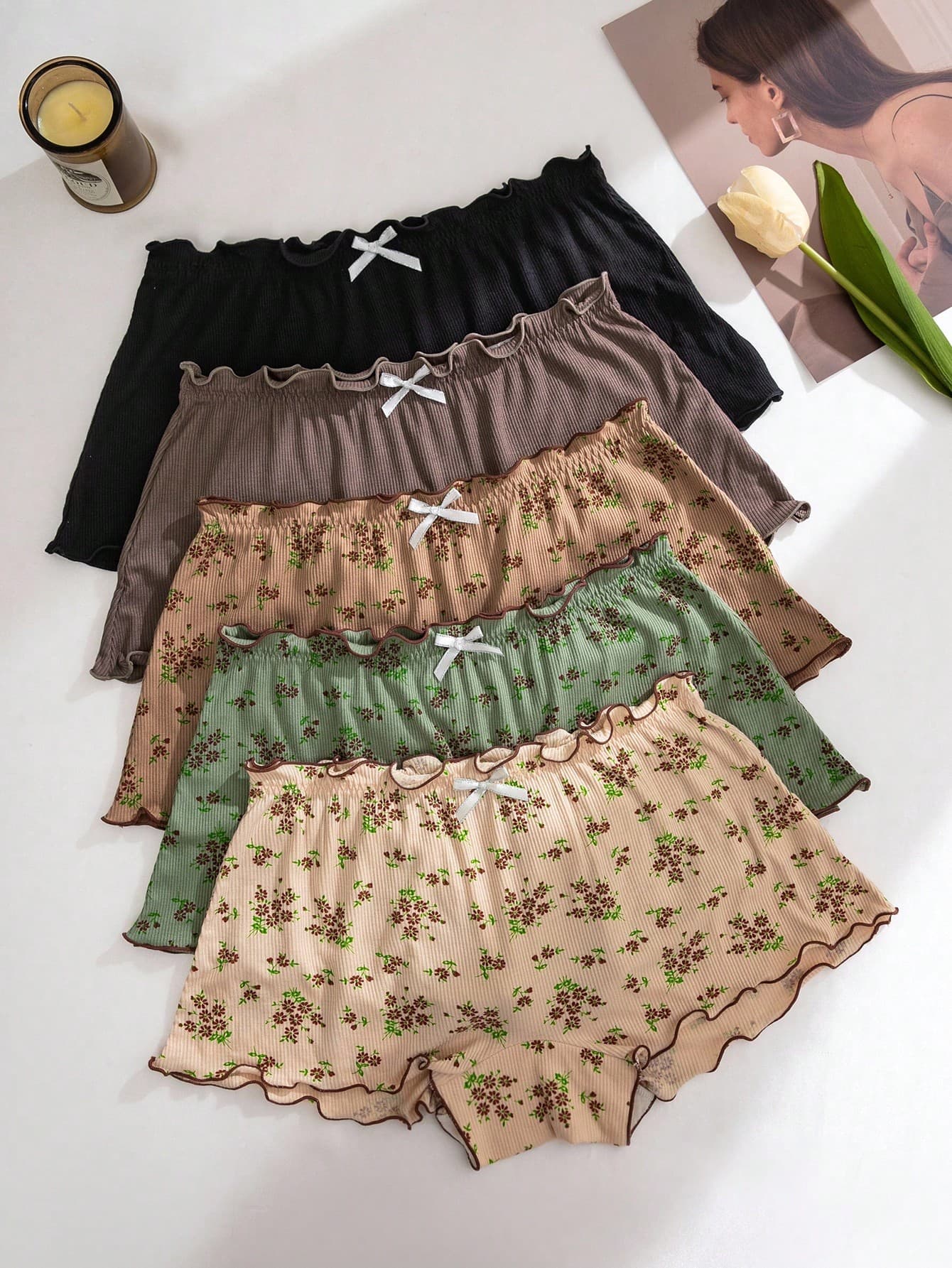 PetitDoll 5pcs/Set Comfortable Floral Print Ruffle Trim Boyshort Panties