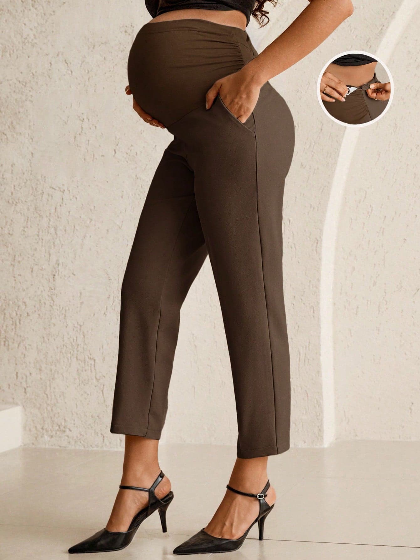 MaterniWear Solid Color Adjustable Waist Maternity Pants Business Casual Woman Pants Straight Leg Pants Brown Pants For Women Maternity Work Pants Pregnancy Pants