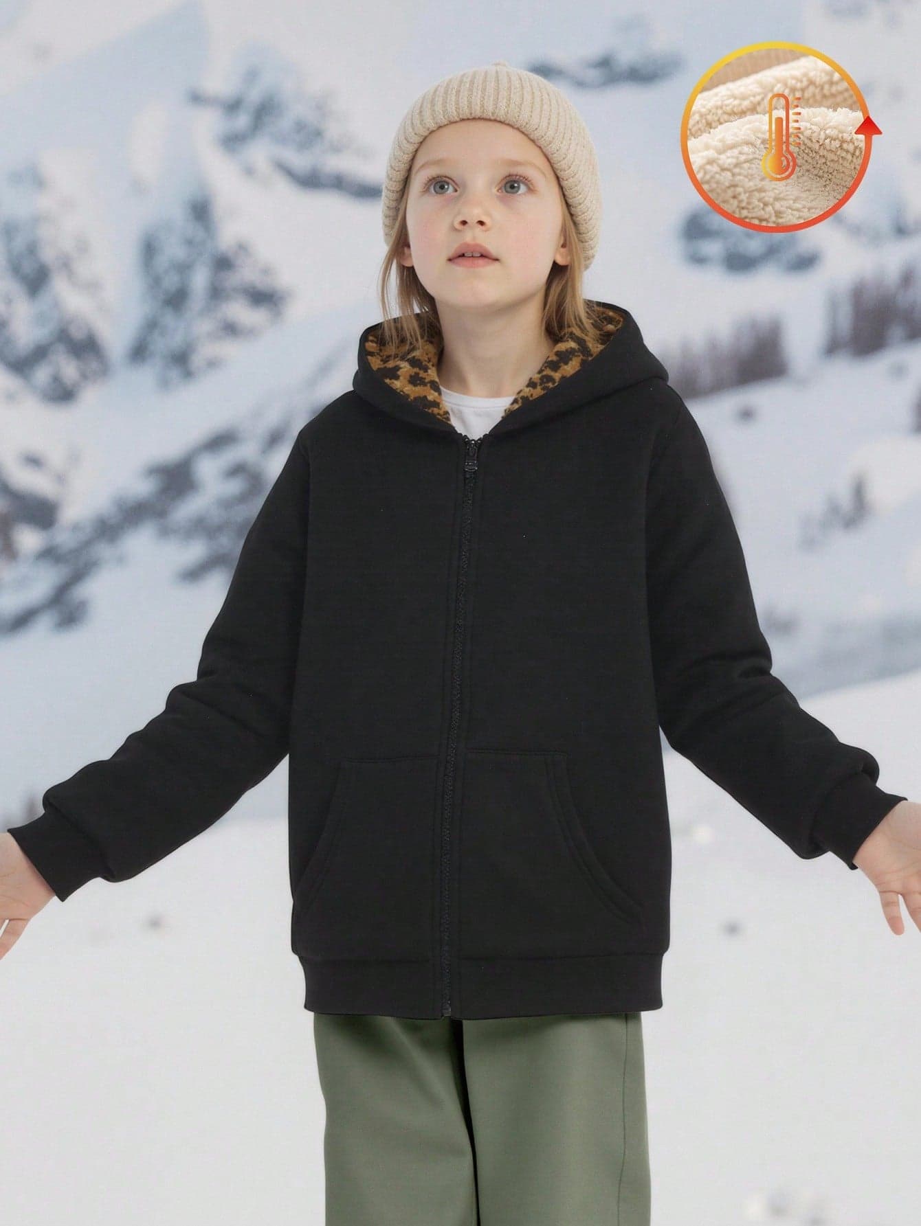 Casual Leopard Print Hooded Zip-Up Long Sleeve Sweatshirt Jacket For Tween Girls