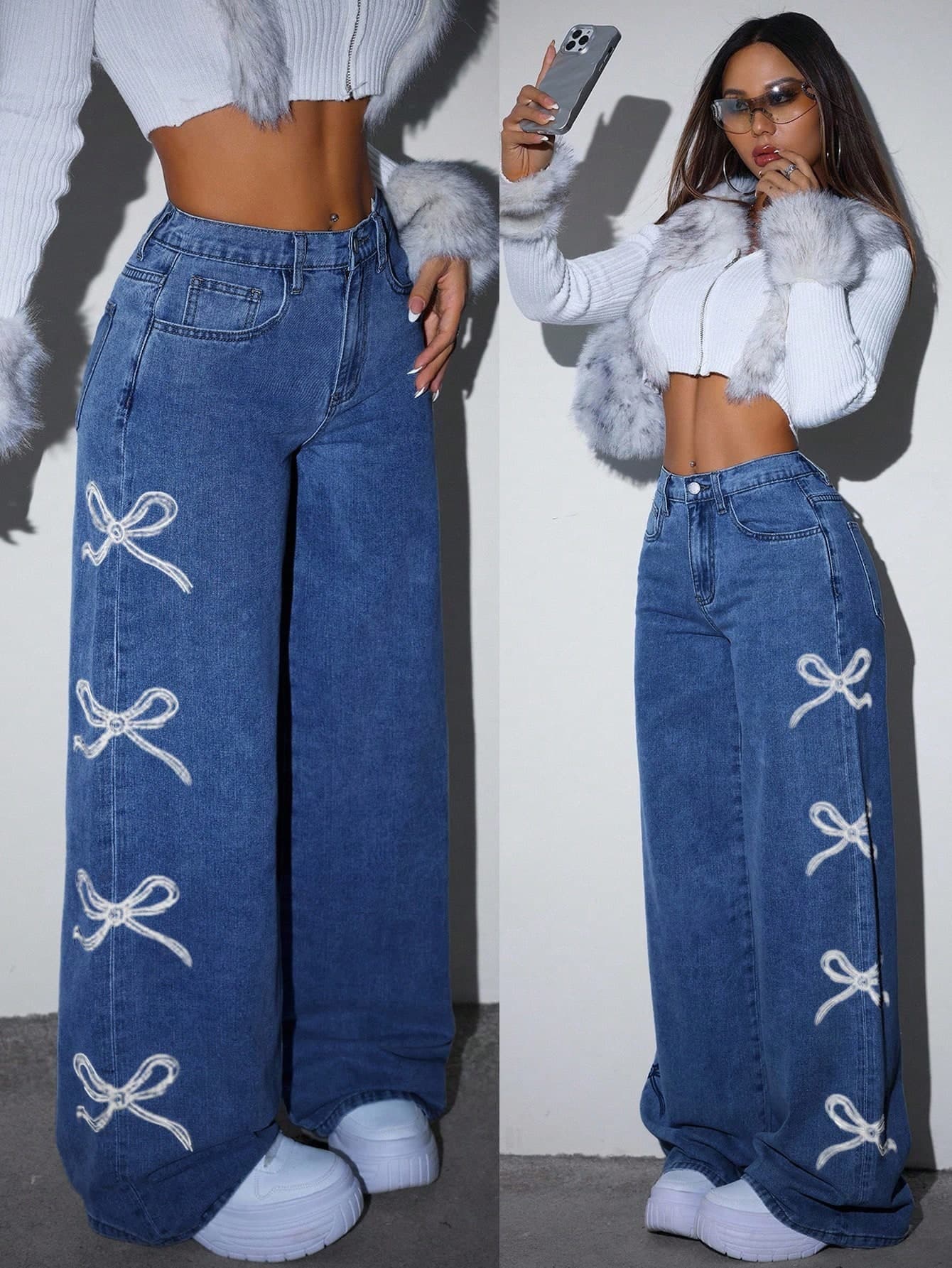 SHEIN PETITE Women's Casual Loose Fit Jeans With Bow Detail, Women Bow Jeans Pants,Denim Pants,Winter Women Clothes,Homecoming Jeans,Going Out Bottoms ,Petite Women