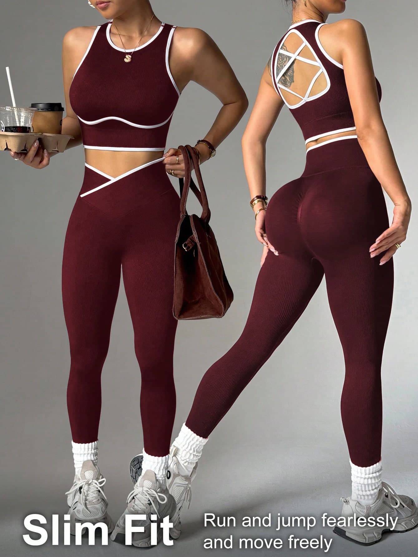 Dewbera Dewbera Contrast Trim Hollow Back Camisole & Leggings Sports Suit