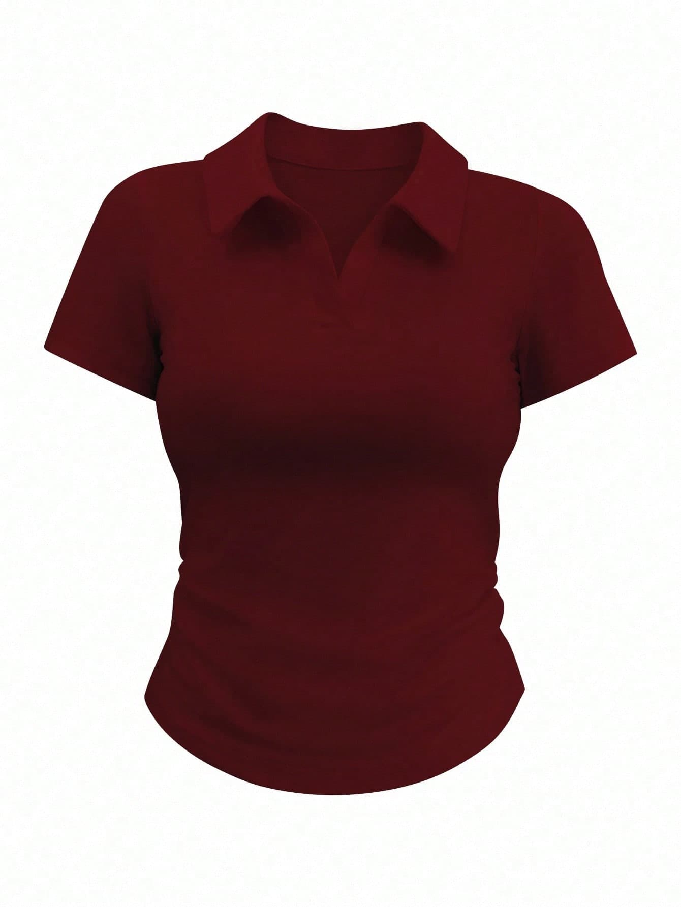 Airaco Women Simple Solid Color Polo Collar Short Sleeve T-Shirt, Summer Burgundy Top