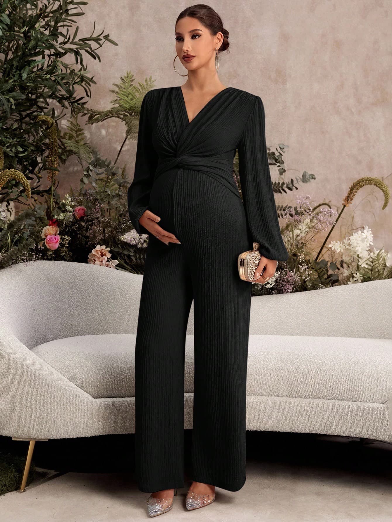 SHEIN Elegant Party Solid Color Twist Lantern Sleeve Jumpsuit For Pregnant Women Long Maternity Rompers Jumpsuits Clothes