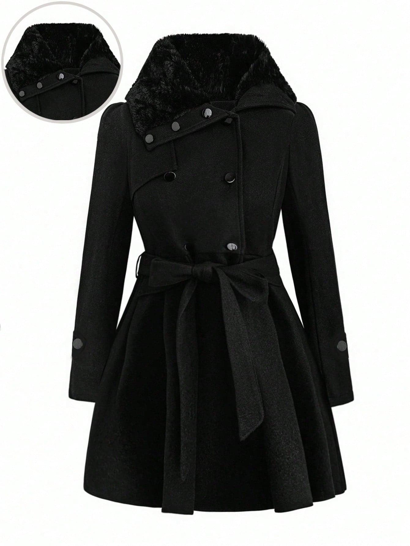 EMERY ROSE Plus Size Women's Elegant Asymmetric Contrast Color Faux Fur Collar Cinched Waist Slim Overcoat Fall Winter Cloth For Women Autumn