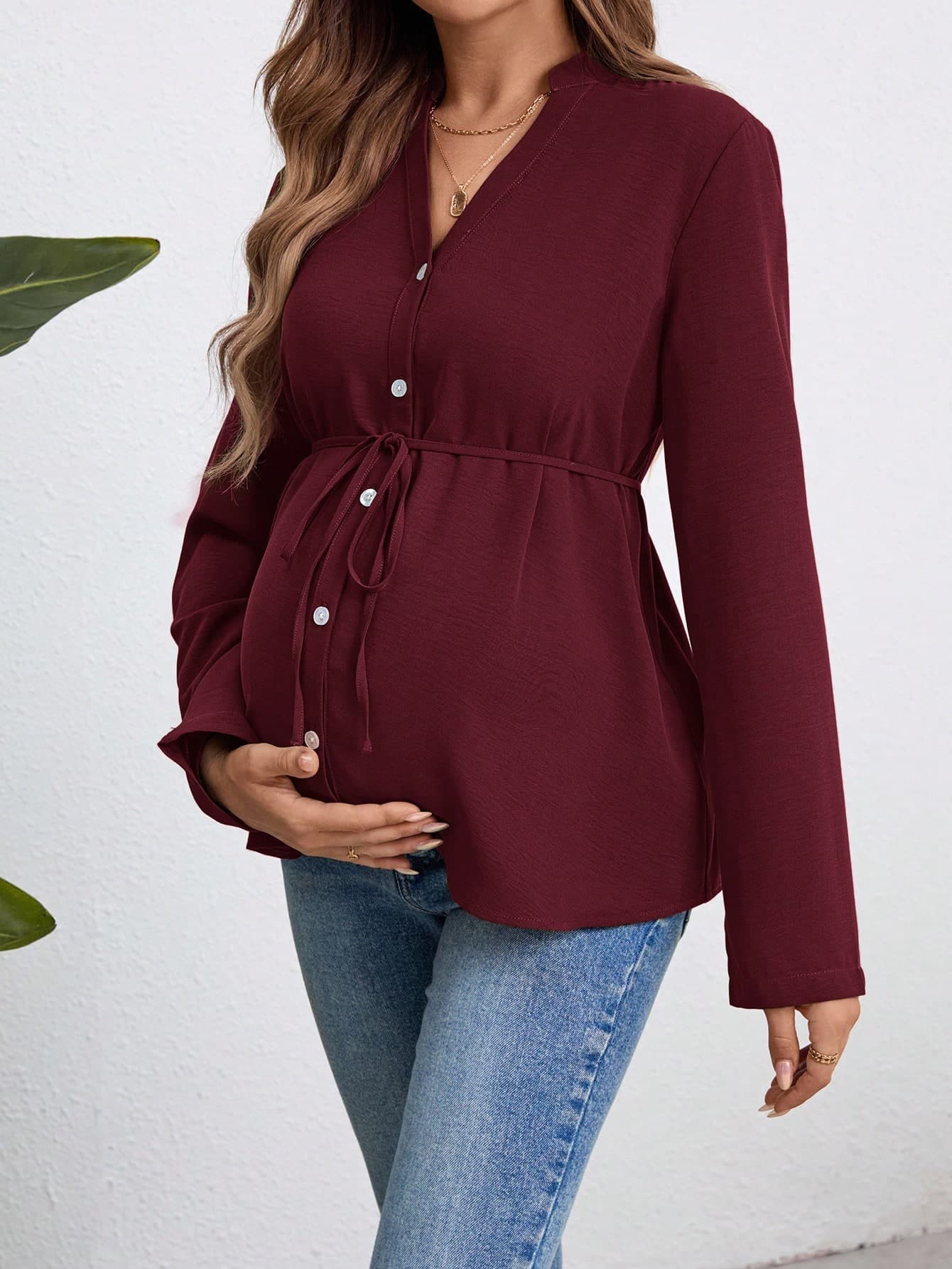 SHEIN Maternity Long Sleeve Button-Up Shirt, Military Green Burgundy Blouse Maternity Blouse Pregnancy Shirts Pregnancy Clothes Maternity Shirts For Women