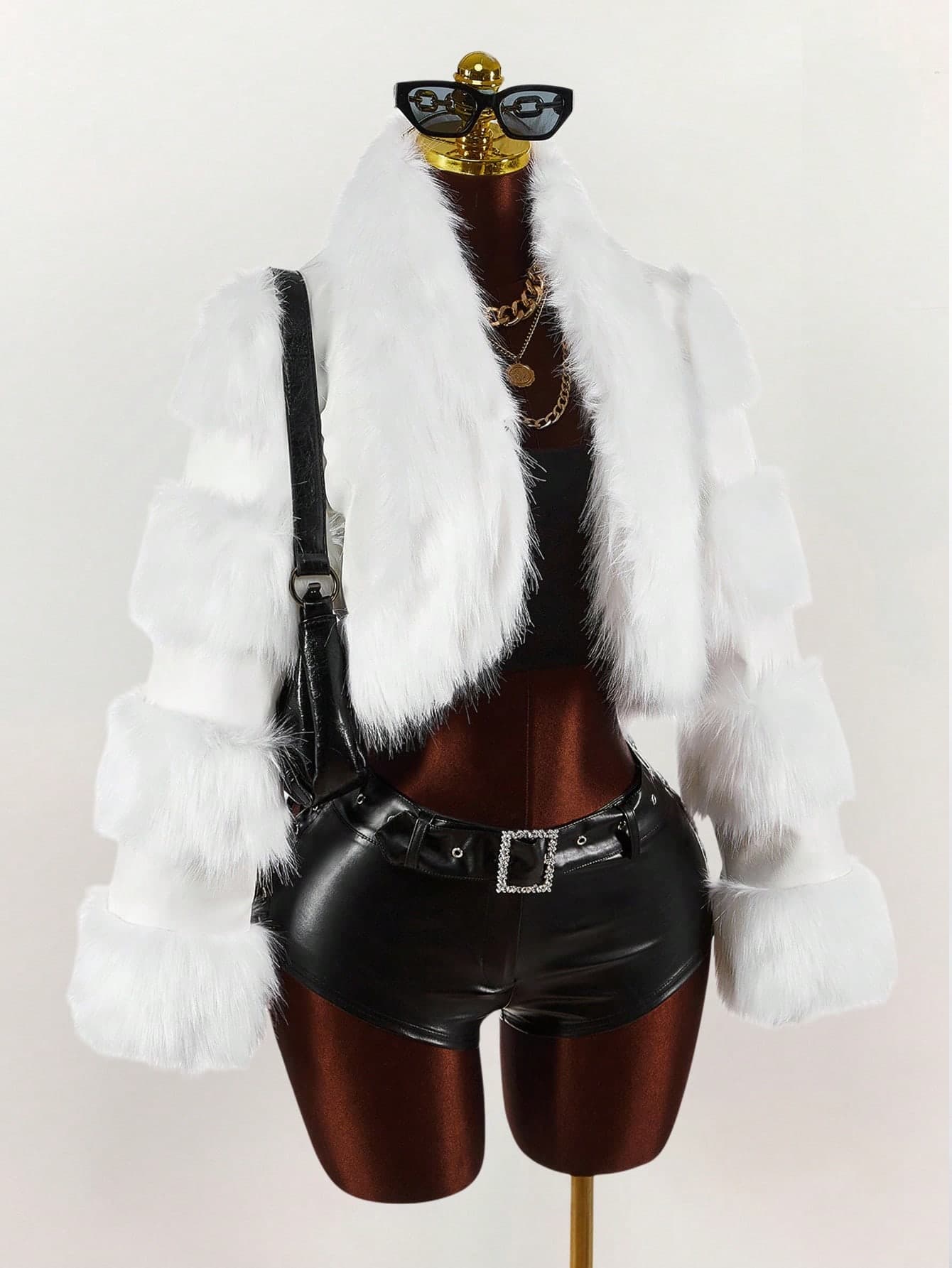 Y2K Amplova Women's Solid White Color Long Sleeve Cropped Open Front Faux Fur Jacket, Fashionable Winte. Thanksgiving And New Year Clothes