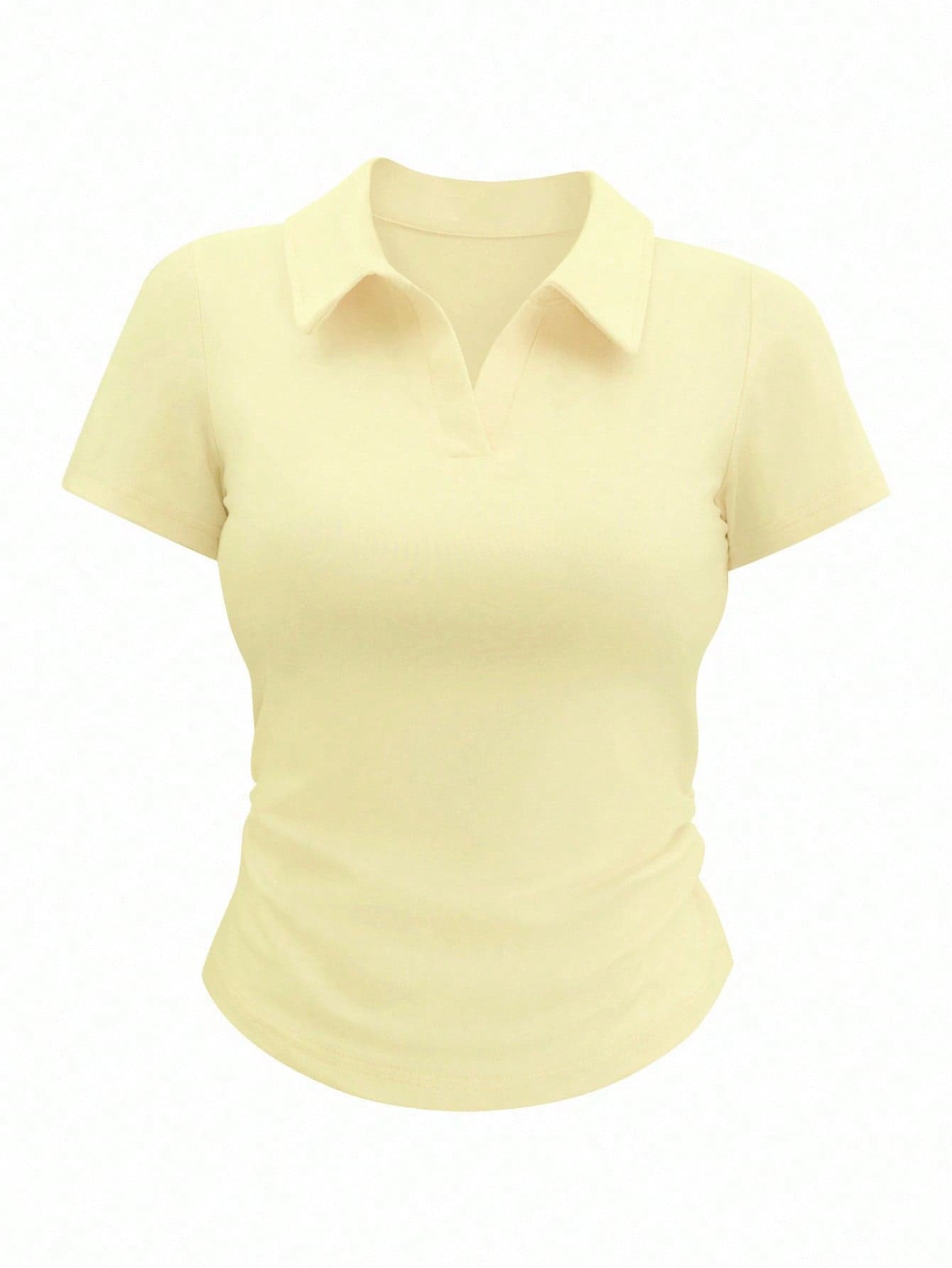 Airaco Women's Casual Solid Color Ruched Curved Hem Jersey Short Sleeve T-Shirt, Summer