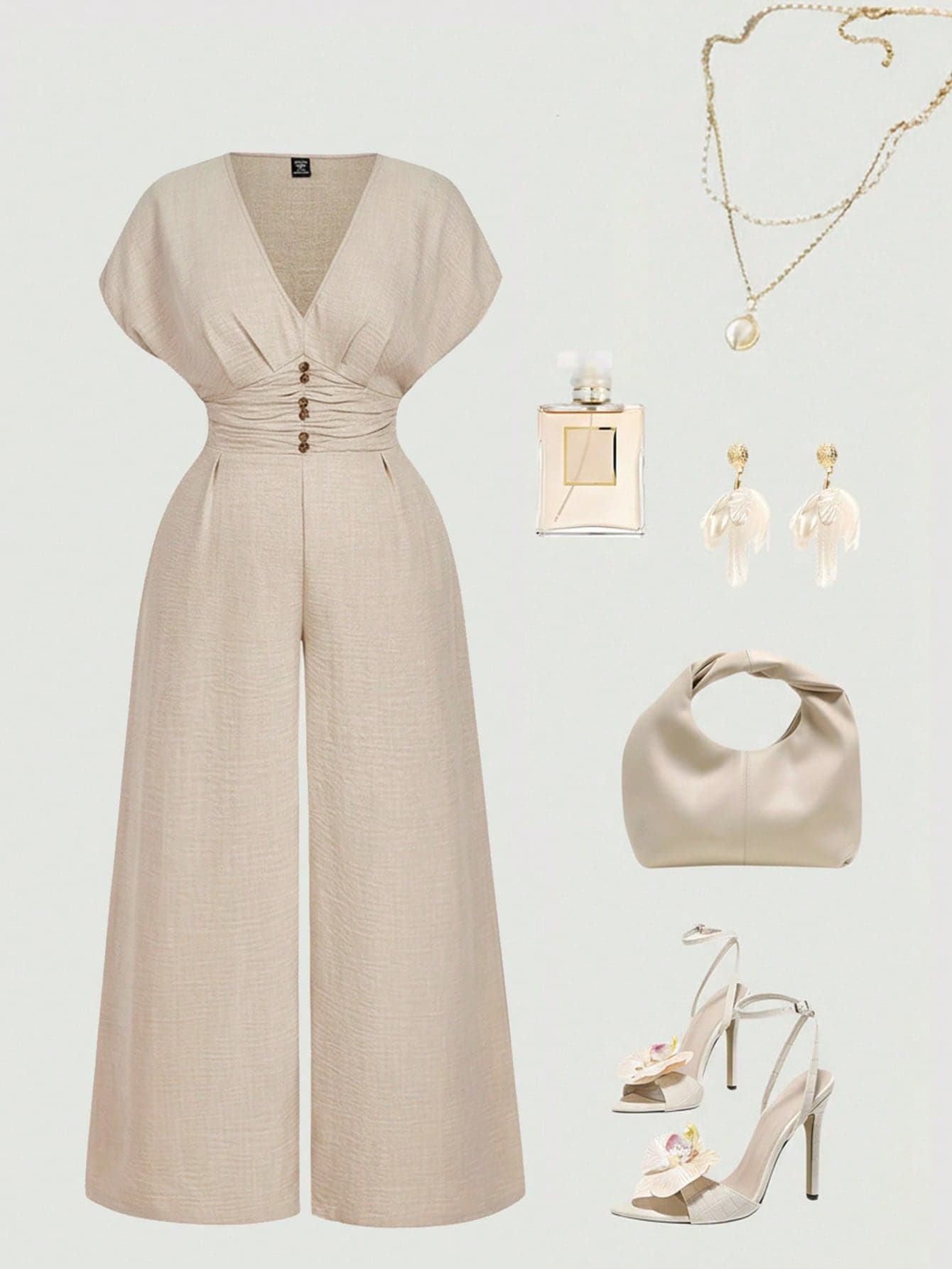 SHEIN MOD Plus Size Women V-Neck Cap Sleeve Apricot Color Jumpsuit, Elegant, Linen Summer, Jumpsuits, Outfit, Two Pieces Set