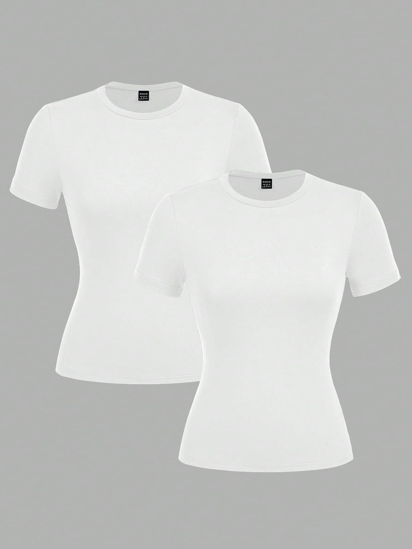 SHEIN EZwear 2pcs White Casual Basic Crew Neck Short Sleeve T-Shirts, Suitable For Spring/Summer