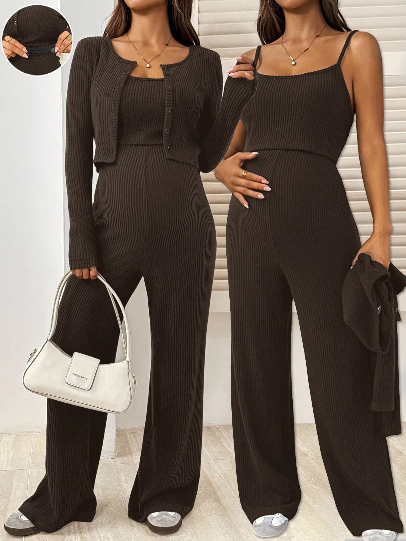 SHEIN Brown, Autumnal, Casual, Maternity Tank Top And Jumpsuit Set, Front-Button Design, Elegant And Comfortable Solid Color Three-Piece Women's Set Fall