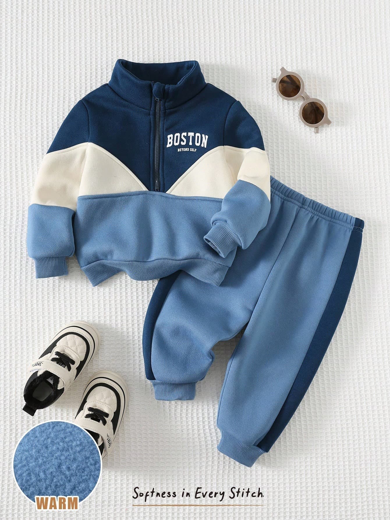 Cozy Pixies 2pcs Baby Boy Colorblock Letter Print Half-Zip Hoodie And Jogger Pants Set,Blue White Stripe,Autumn,Casual,Date,Winter Long Sleeve Outfit