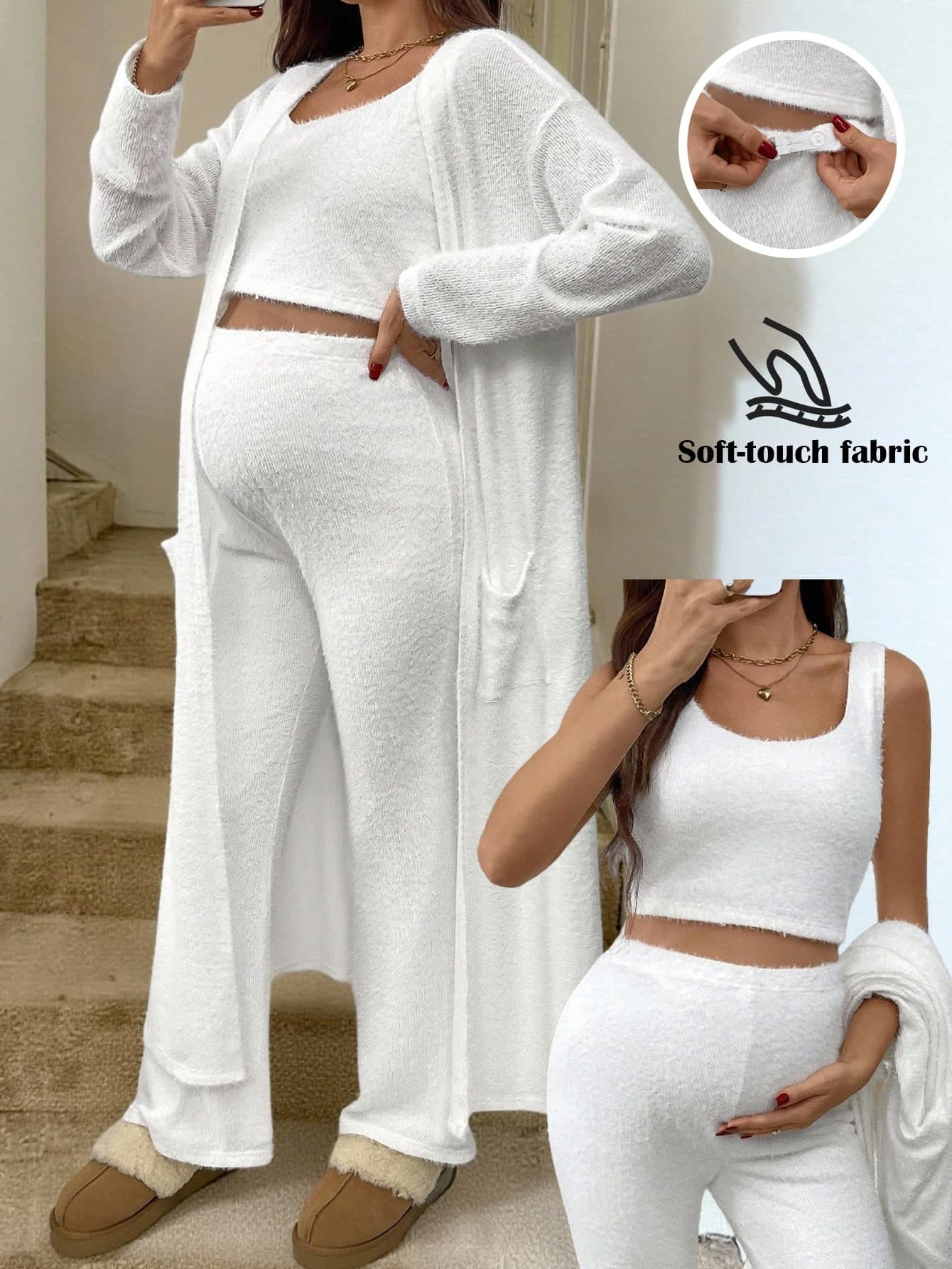 SHEIN Maternity Casual Set,White Autumn Solid Drop Shoulder Long Sleeve Jacket,Cropped Tank Top&Flare Pants,3-Piece Lounge Set,Comfortable Winter Clothes
