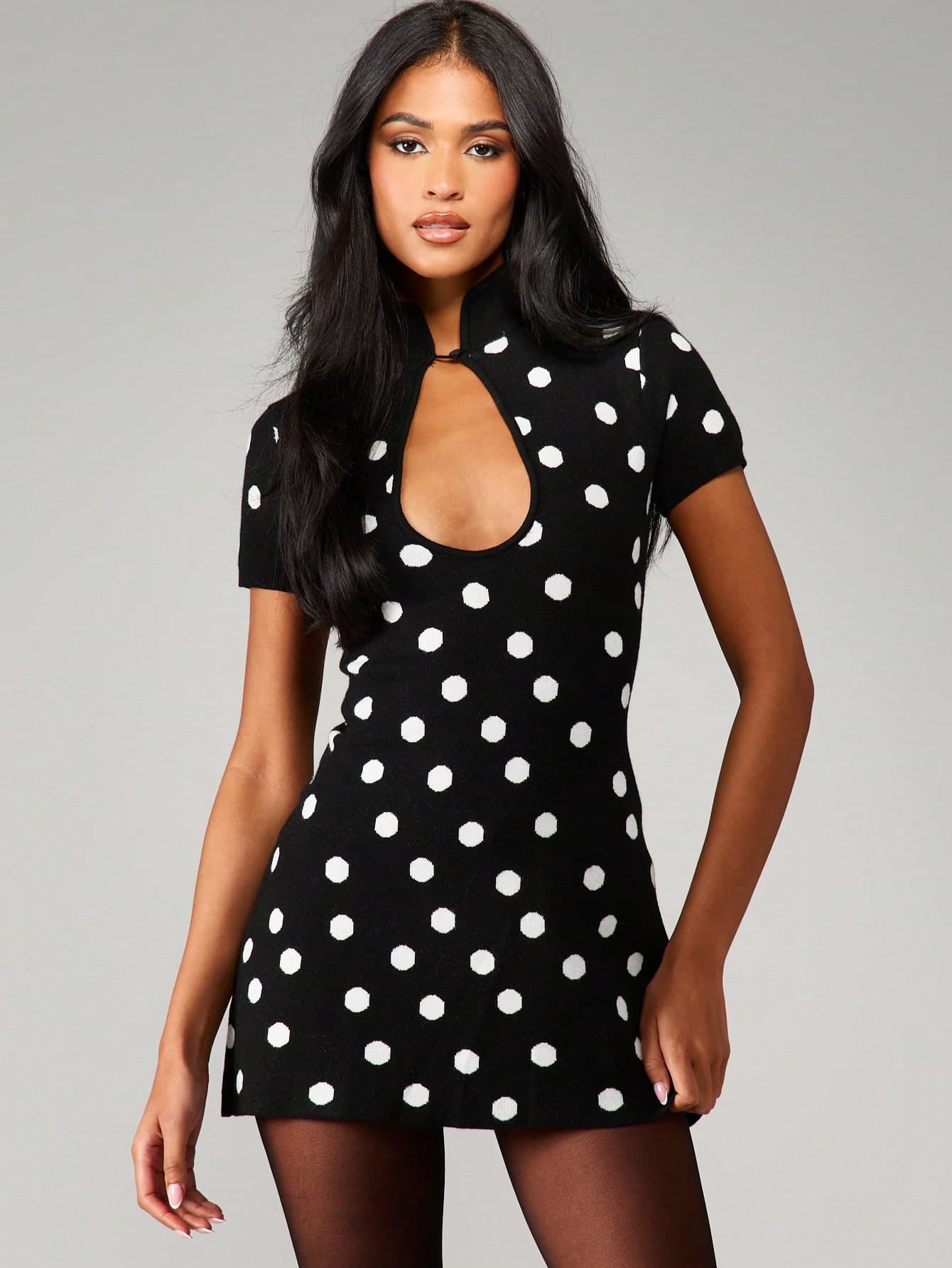 MISSGUIDED Retro Polka Dot Knit Mini Dress High Neck Keyhole Cut Out Short Sleeve Form Fitting Jacquard Pattern Fall Winter Party Sweater Dress