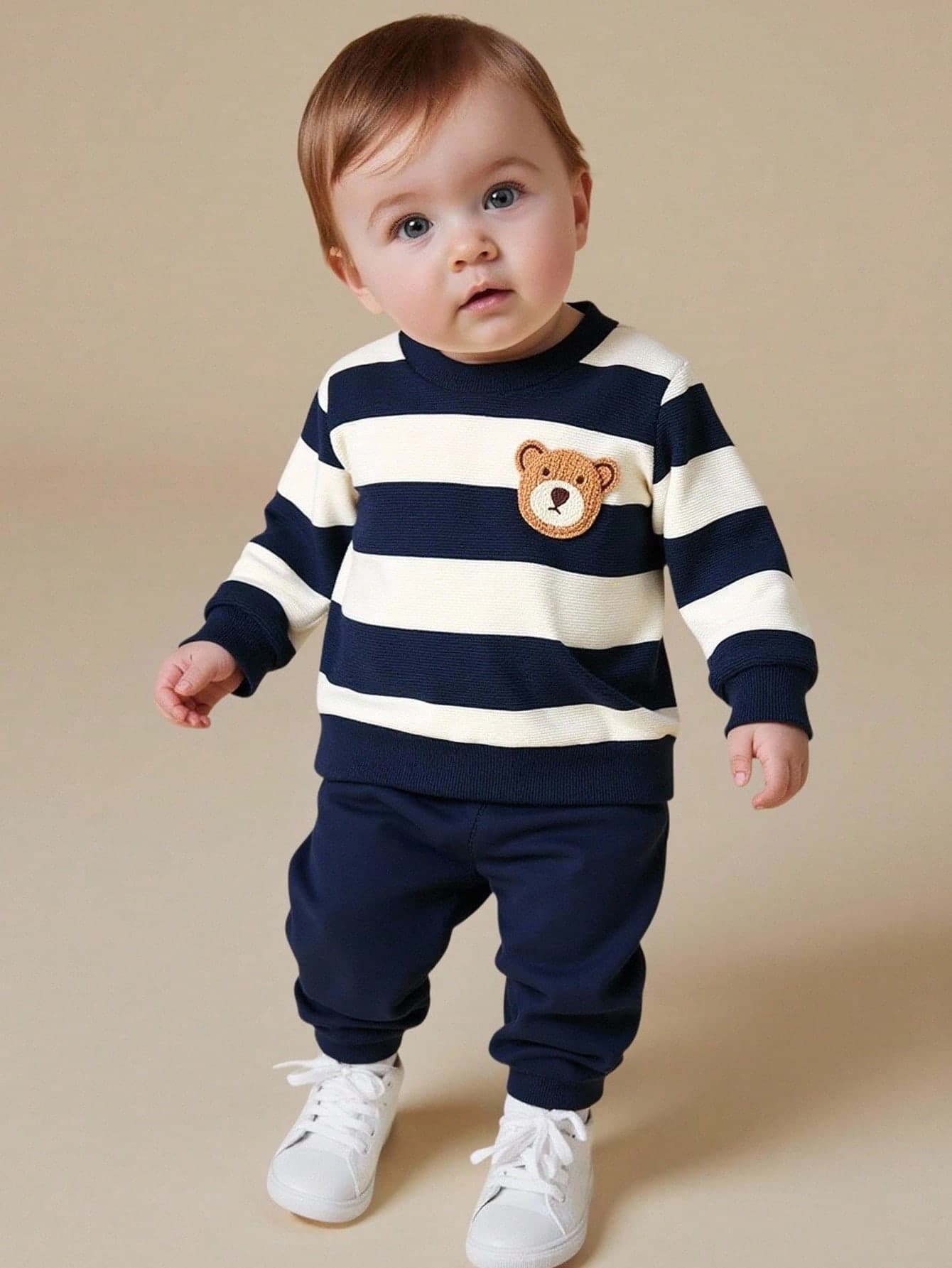SHEIN Playful Pals 2pcs/Set Infant Baby Boy Navy And White Colorblock Striped Long Sleeve Top With Cute Bear Graphic Solid Pants Autumn Casual Family Matching Outfit