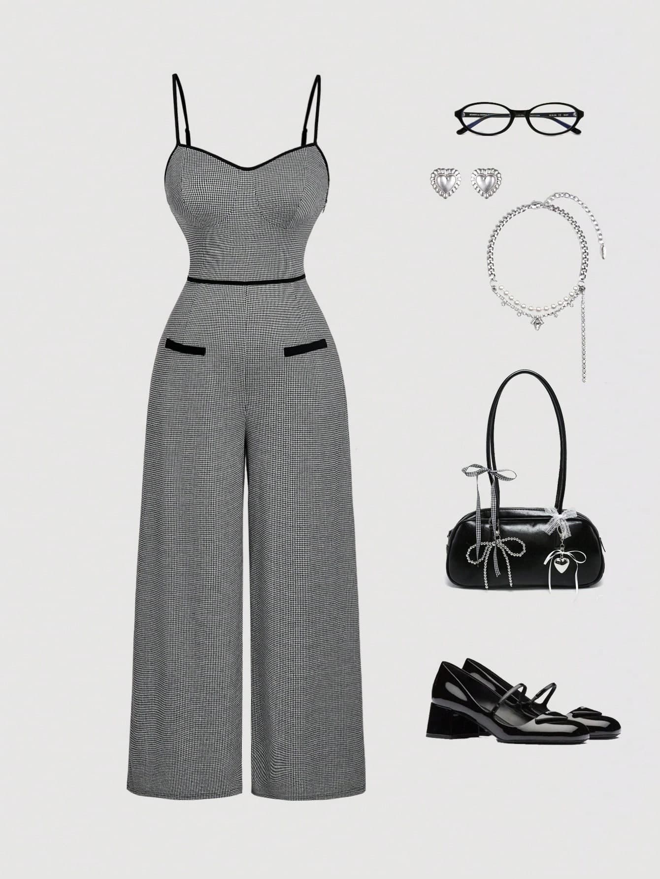 SHEIN MOD Plus Size Retro Elegant Contrast Color Trim Black & White Houndstooth Jumpsuit. Outfit