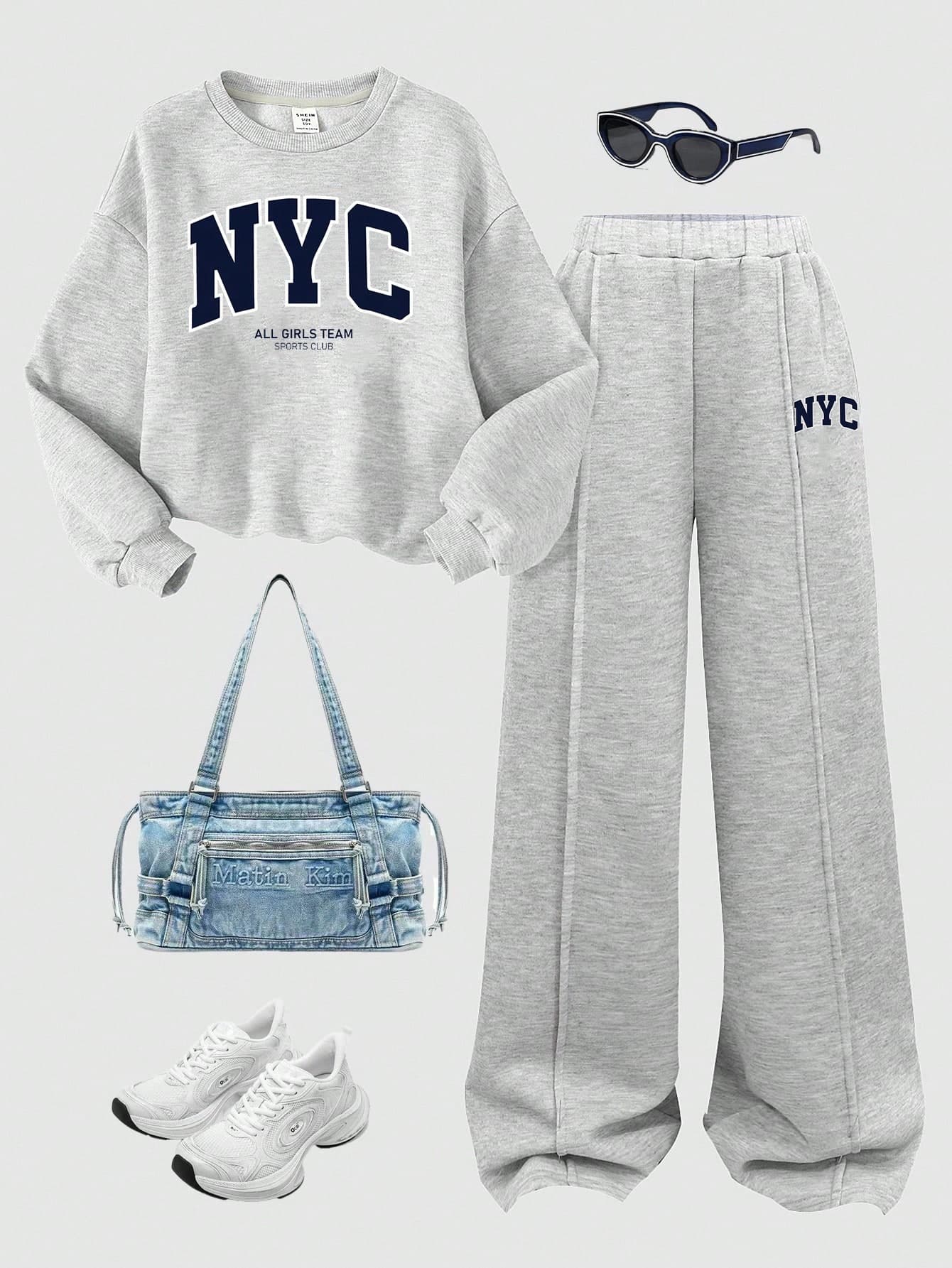 SHEIN Girlism Teen Girls 2pcs Outfit,Loose Fit Long Sleeve Autumn Sweatshirt & Sweatpants,Warm Thermal Lined Winter Set,Navy Holiday Back-To-School Y2k Outfit