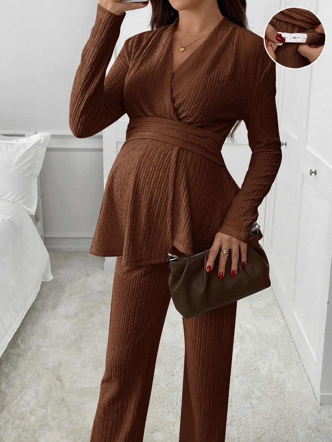 SHEIN 2pcs Maternity Casual Solid Color Long Sleeve Top & Pants Set Brown Two Piece Coffee Knitted Outfit Women Ribbed Fall