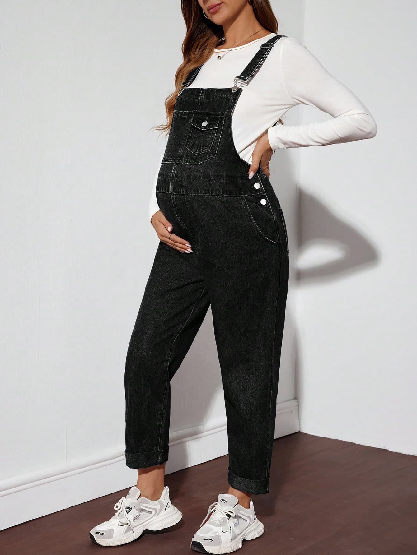 SHEIN Maternity Black Denim Overall With Pockets Cropped Length For Casual Wear