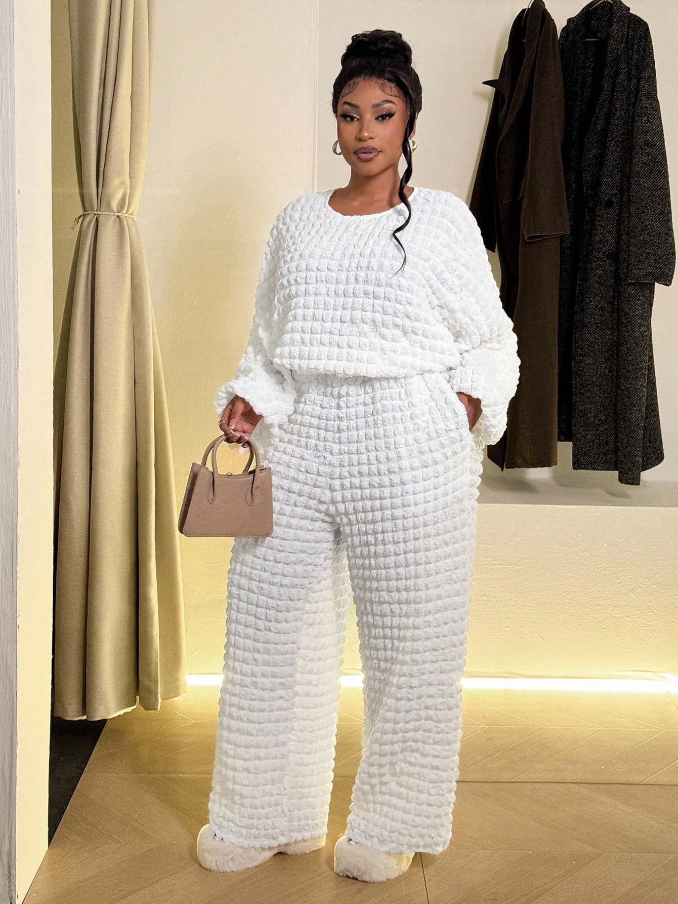 Maweii Plus Size Women's Solid Color Round Neck Lantern Sleeve Pocket Wide Leg Jumpsuit