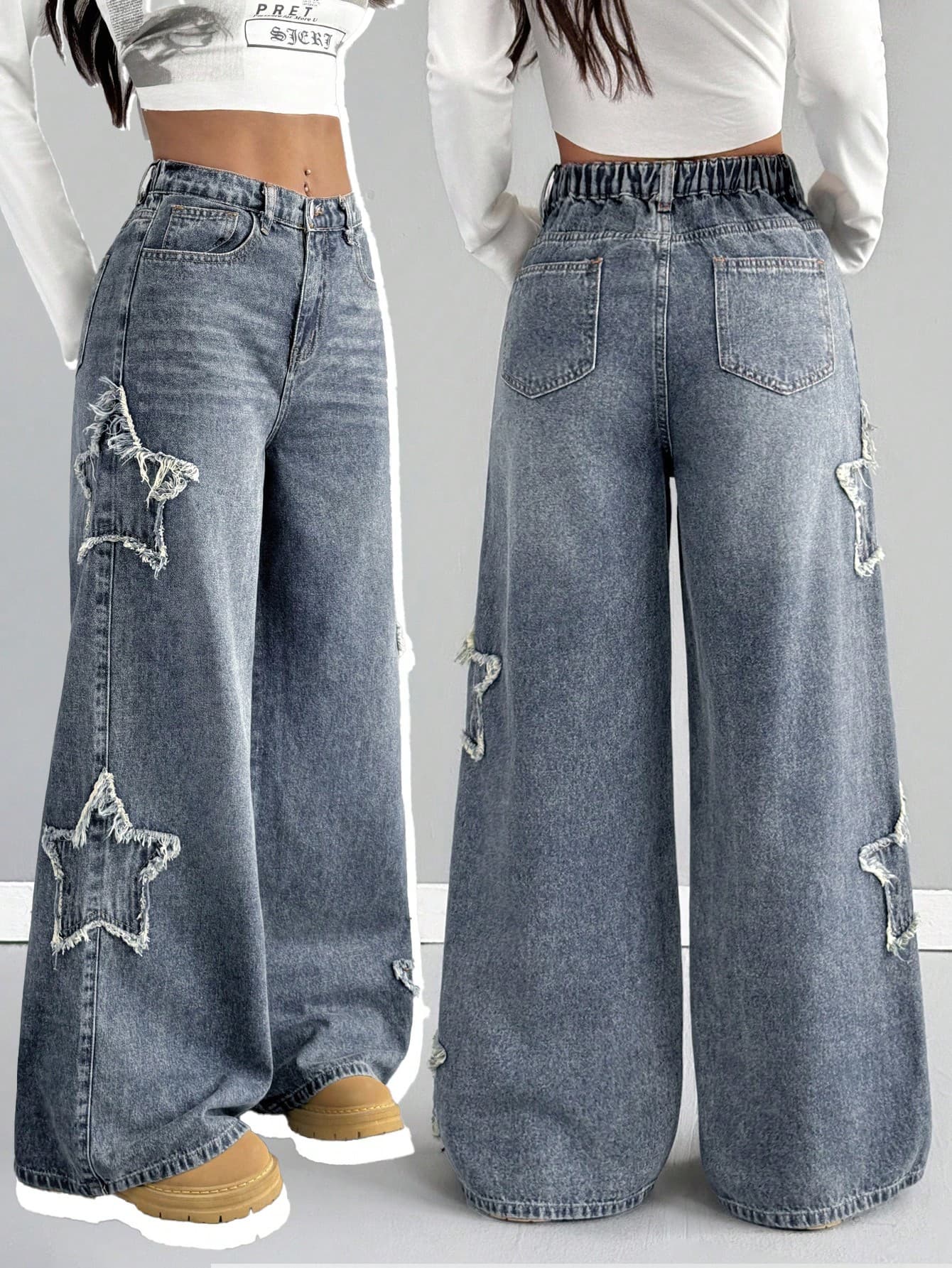 SHEIN Girlism Teen Girl Fashion Casual Y2k Vintage Cool Street Returns To School College Fringed Star Patch Design Blue Denim Loose Wide-Leg Jeans Soft Dailywear Winter And Fall Rave Festival And Streetwear School