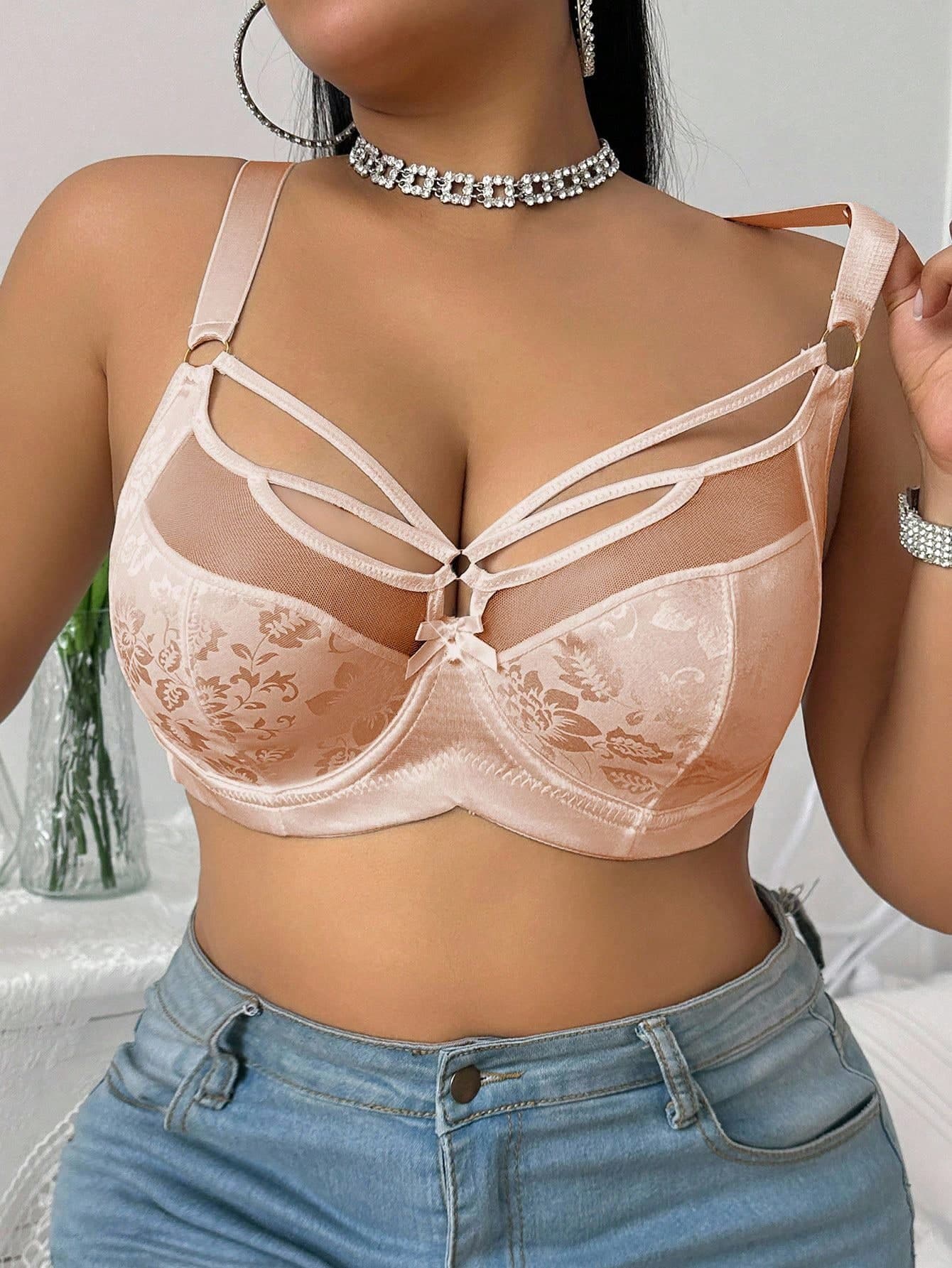 SHEIN Plus Size Solid Color Jacquard Contrast Mesh Underwire Bra, Lift