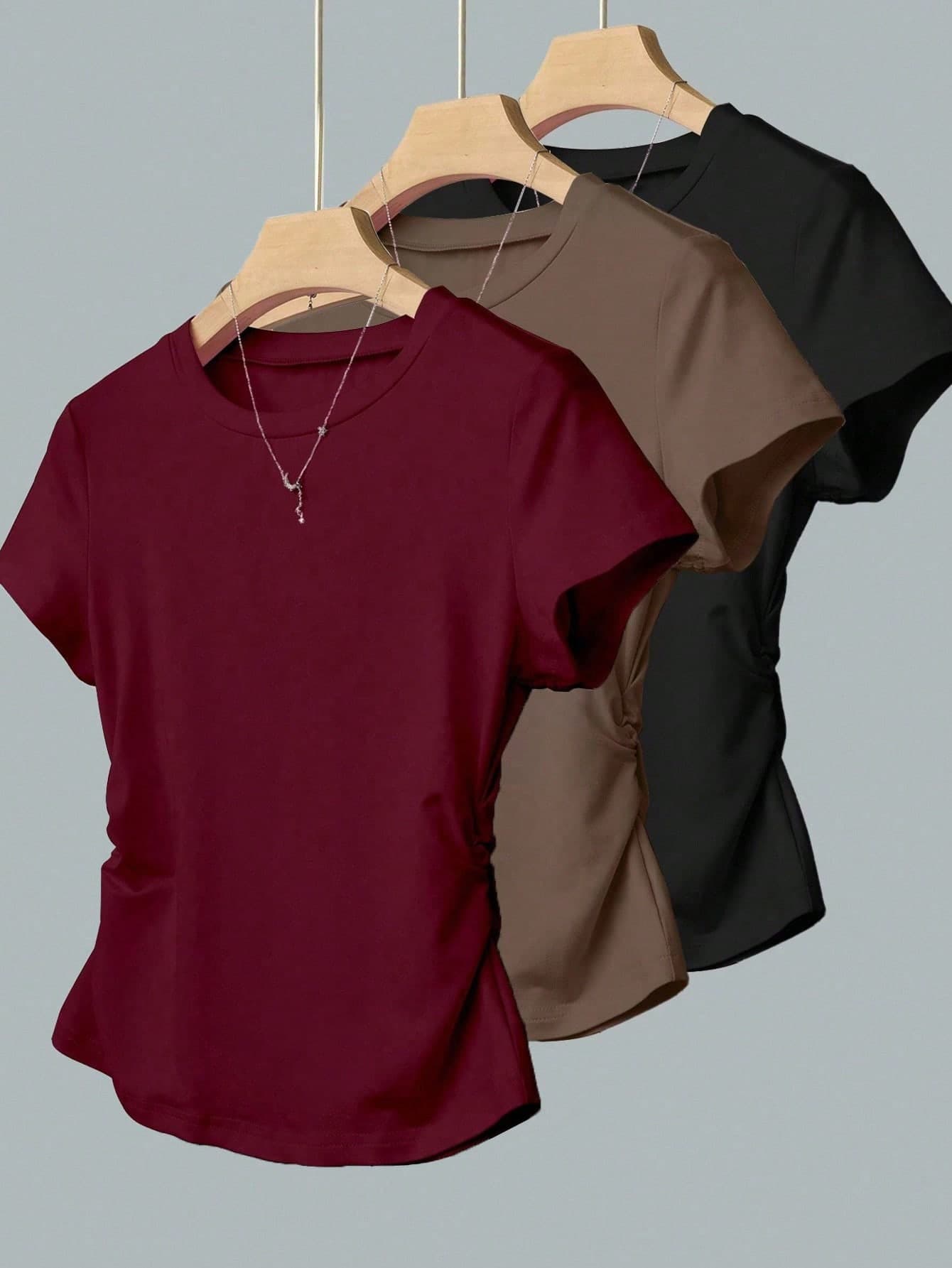 INAWLY Women's Casual Ruched Waist Fitted T-Shirt, Fashionable Versatile Design, Solid Color, Suitable For Daily Wear, Photography, Street Style