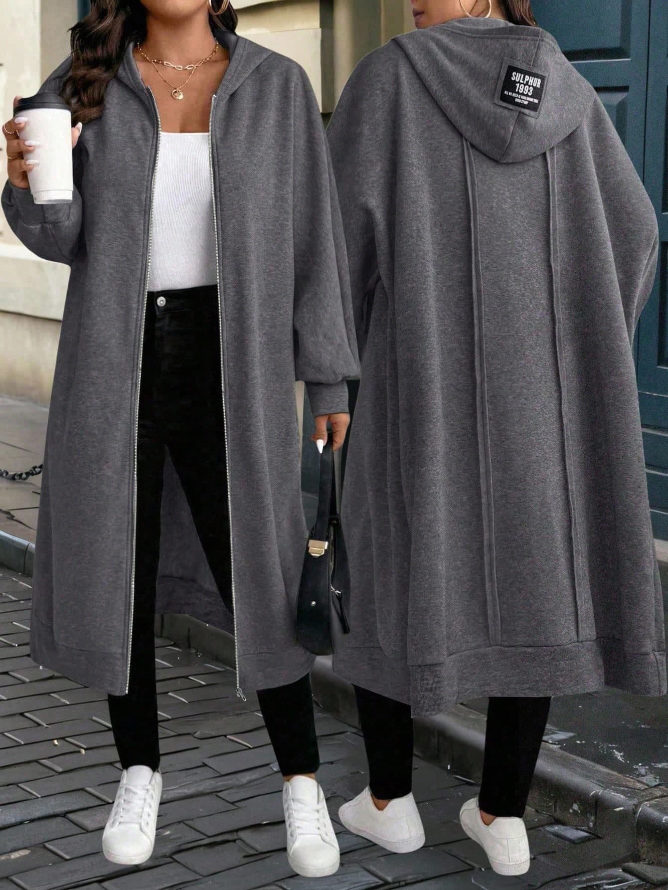 EMERY ROSE Plus Size Women Letter Printed Dropped Shoulder Long Sleeve Zip Front Long Casual Hooded Coat For Autumn Fall Winter Cloth For Women
