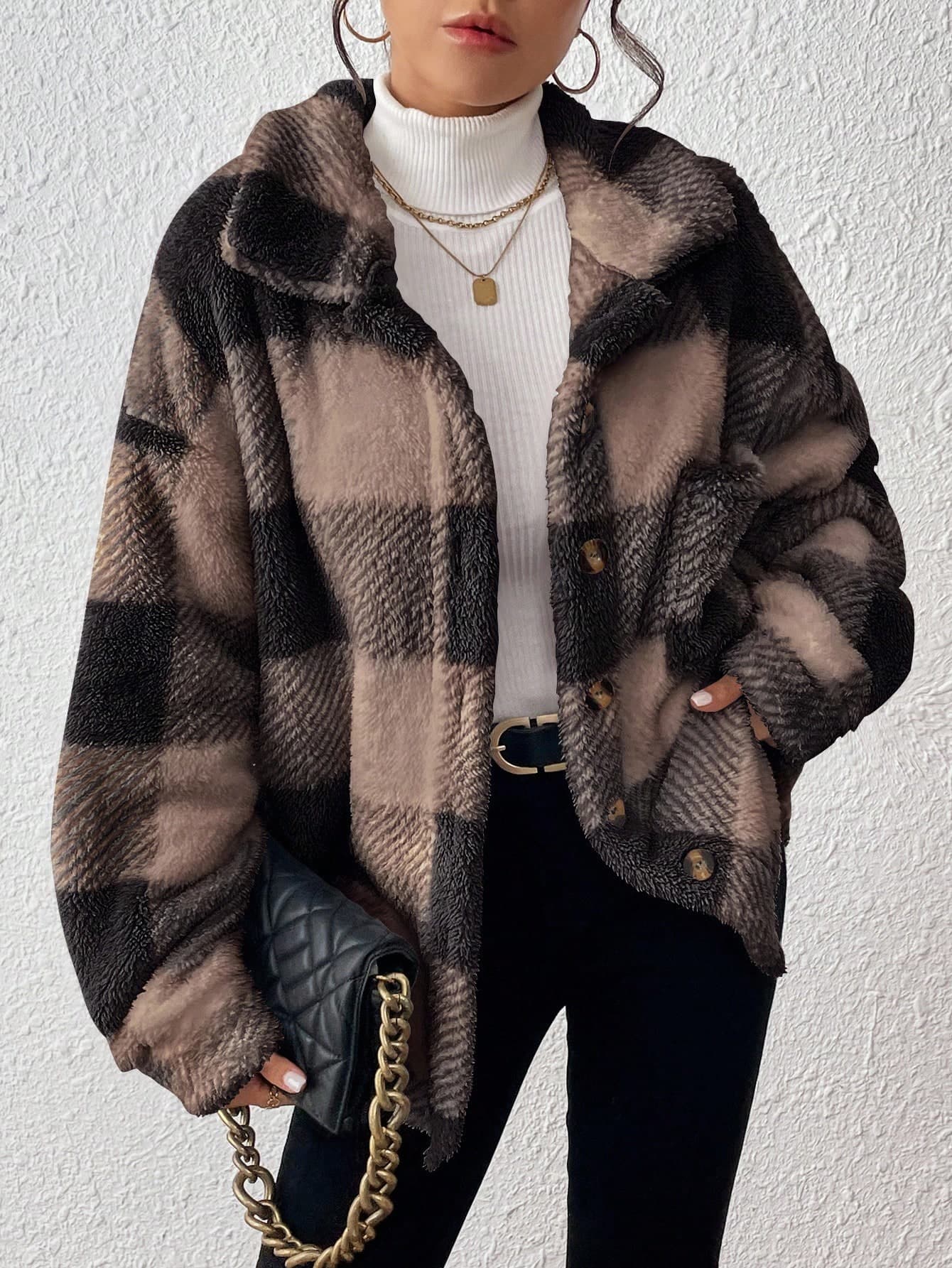 SHEIN PETITE CURVE Plus Size Women Plaid Drop Shoulder Long Sleeve Single-Breasted Loose Fuzzy Jacket, Autumn/Winter