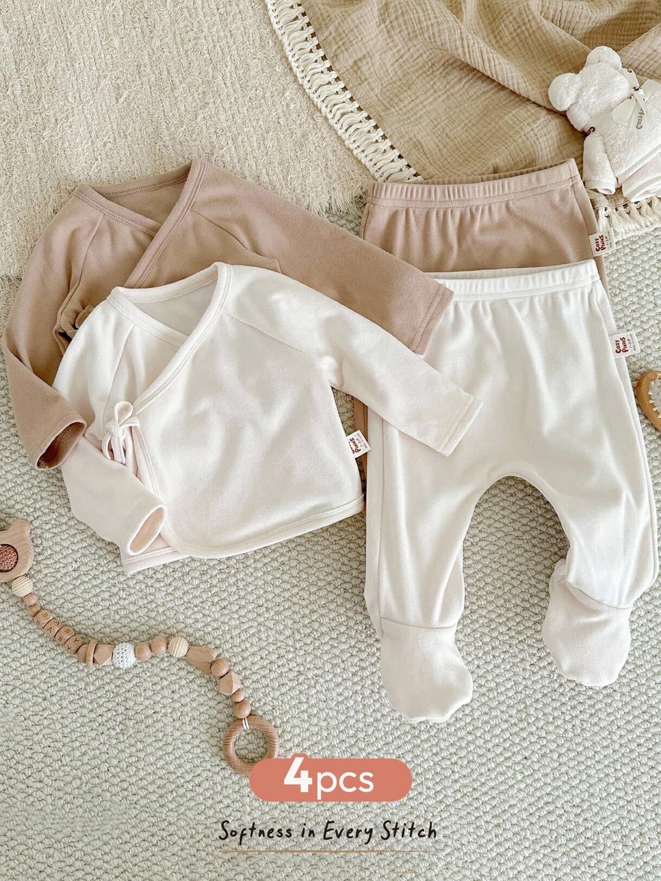 Cozy Pixies 4pcs Newborn Baby Boy/Girl Solid Color Knit Soft Round Neck Long Sleeve Top & Elastic Waist Pants Set Fall Winter