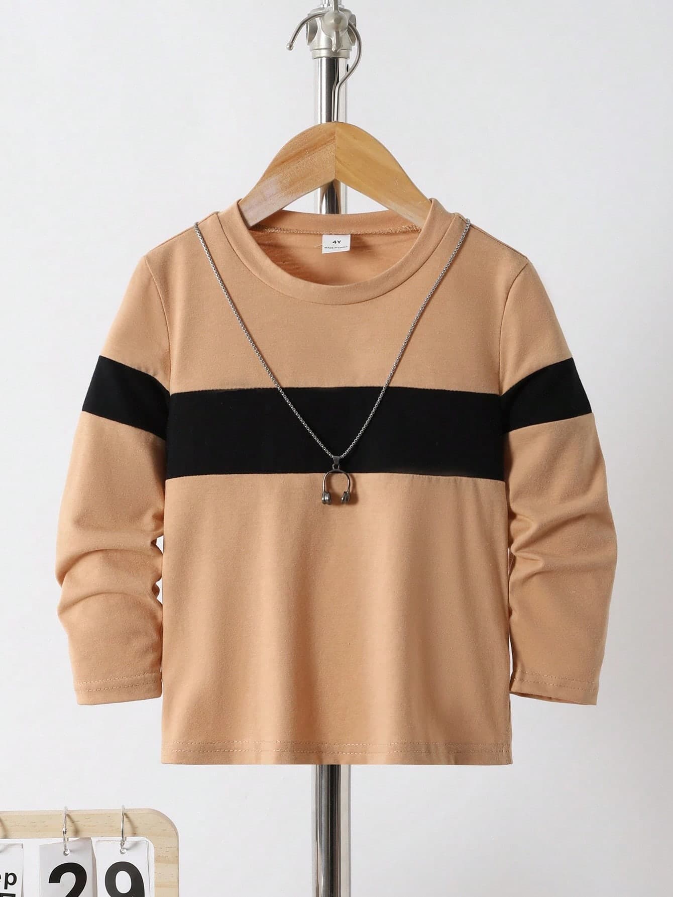 SHEIN Young Boys' Casual Color Block Long Sleeve Round Neck T-Shirt,Sports Style Design For Autumn School Back-To-School,Comfortable Outdoor Daily Wear Tops