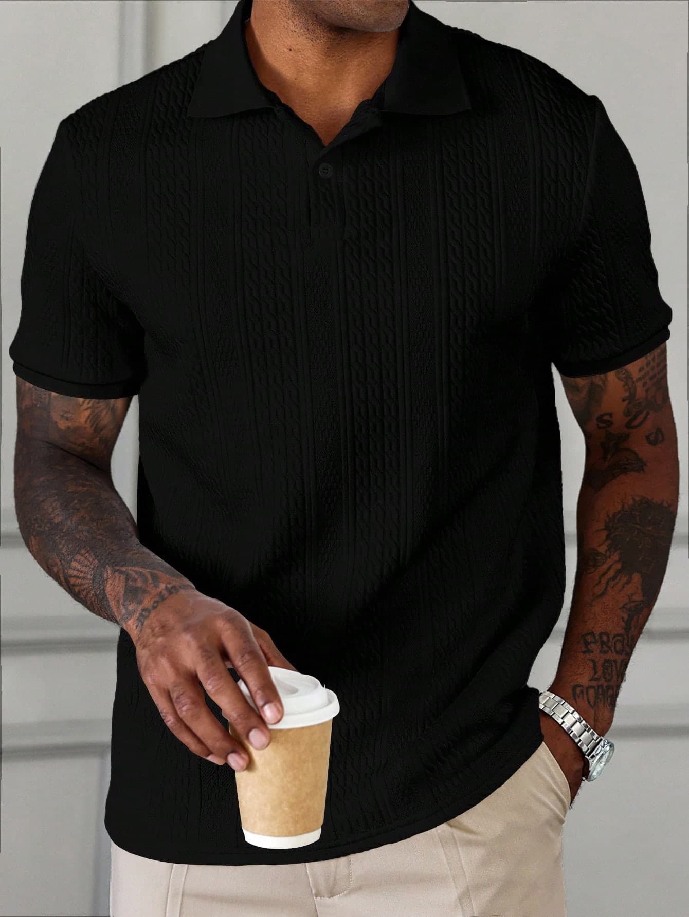 Manfinity Homme Men's Geometric Stripe Textured Fabric Casual Polo Shirt, Formal