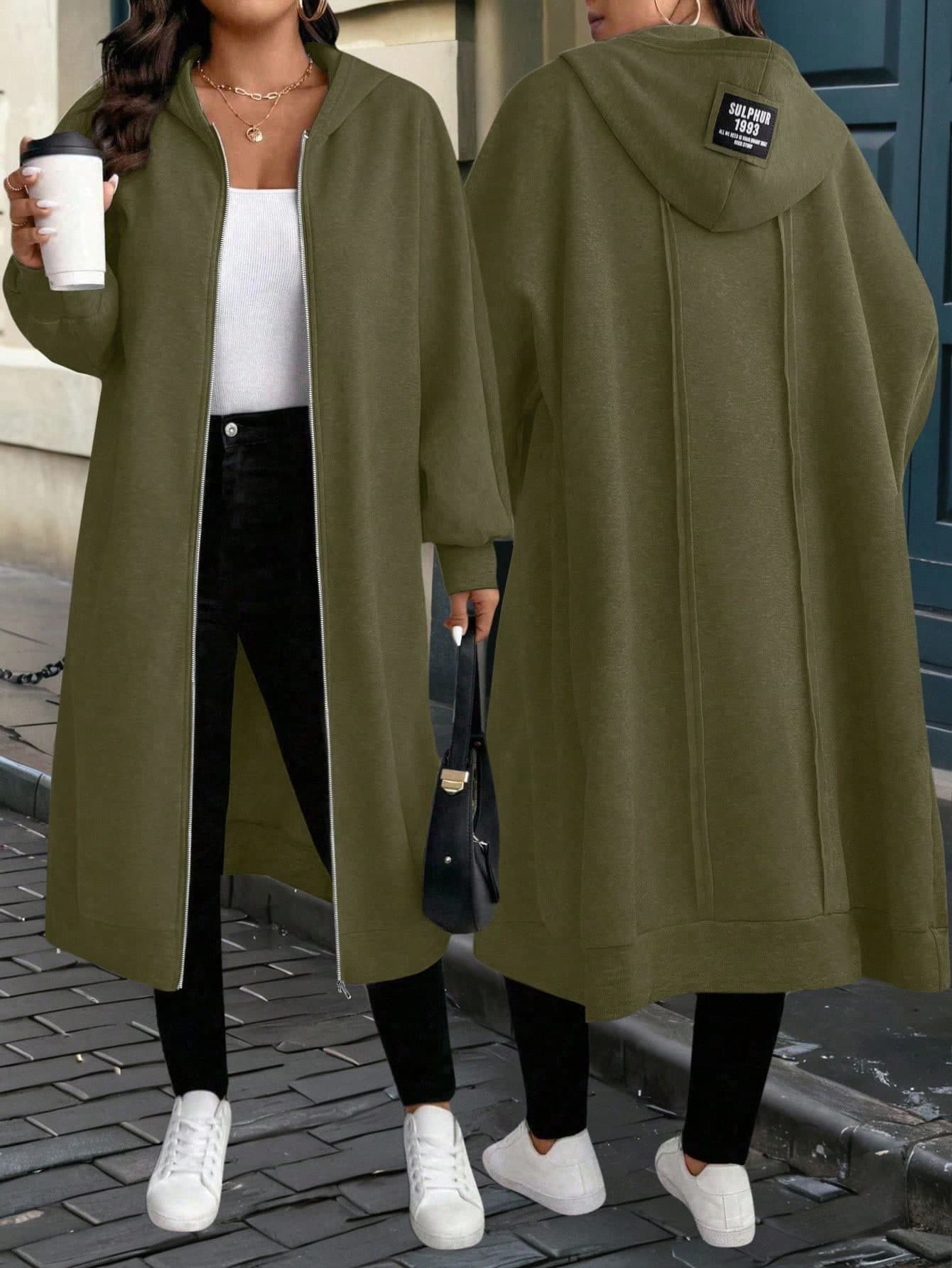 EMERY ROSE Plus Size Casual Street Loose Zip-Up Hooded Long Sleeve Jacket, Versatile For Daily Wear Fall Winter Cloth For Women Autumn