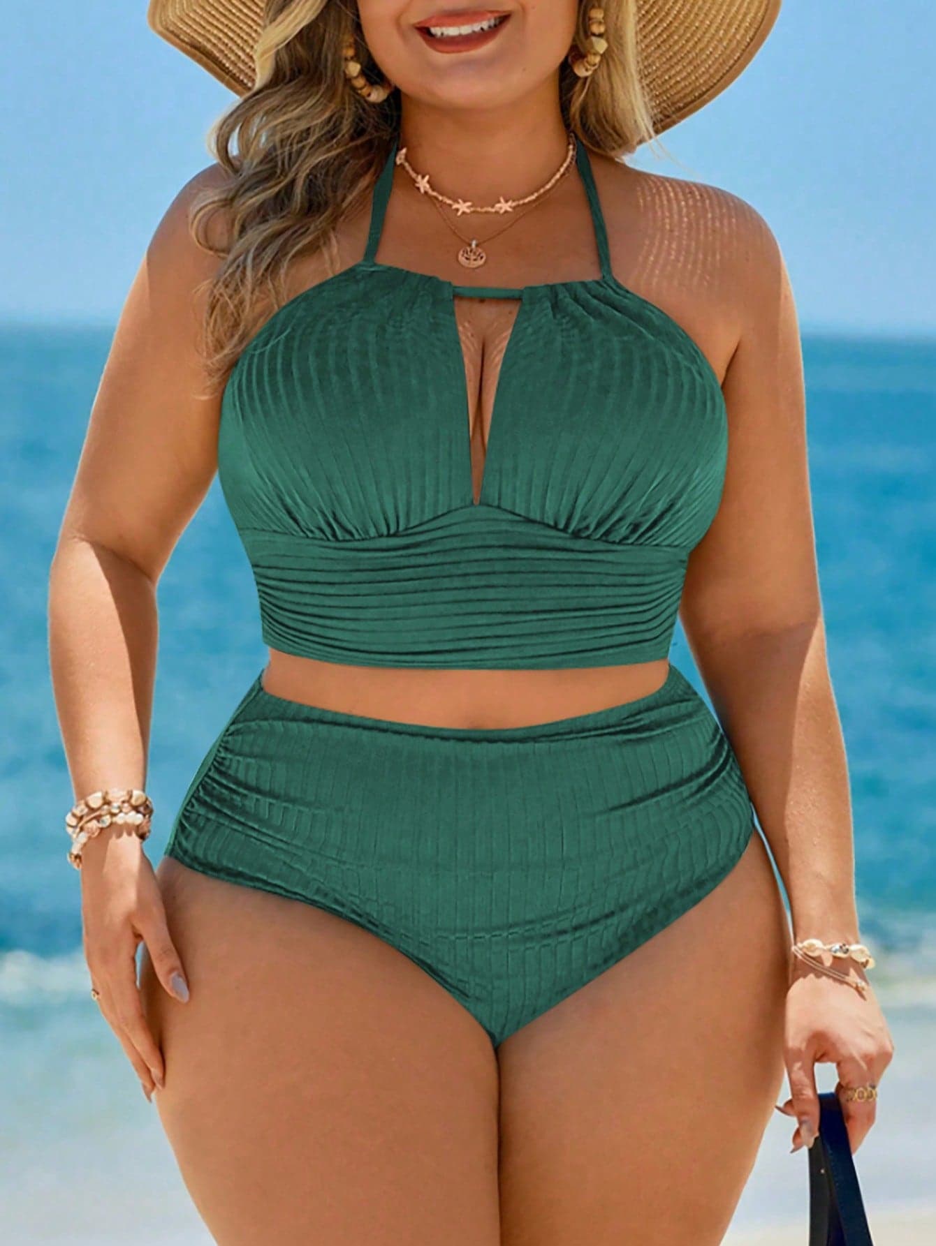 Swim Lushoire Plus Size Women's Solid Color Hollow Out Halter Tie Sexy Bikini Swimwear Set, Summer Beach