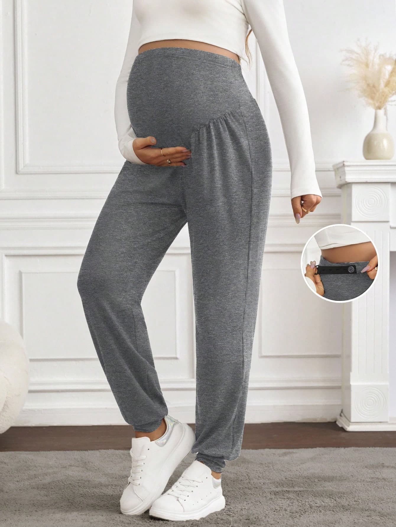 SHEIN Maternity Solid Color Adjustable Waist Casual Jogger Pants Fall