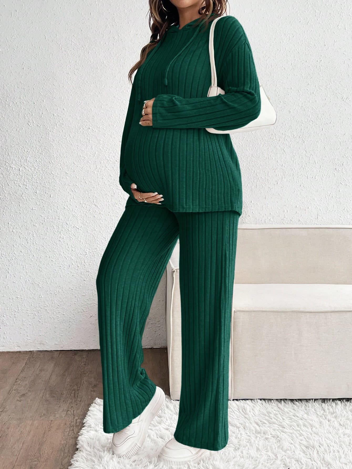 SHEIN 2pcs Maternity Casual Sage Green Autumn Knitted Ribbed Long Sleeve Hooded Top And Pants Set,Solid Color Two Piece Outfit Maternity Clothes Suits Fall