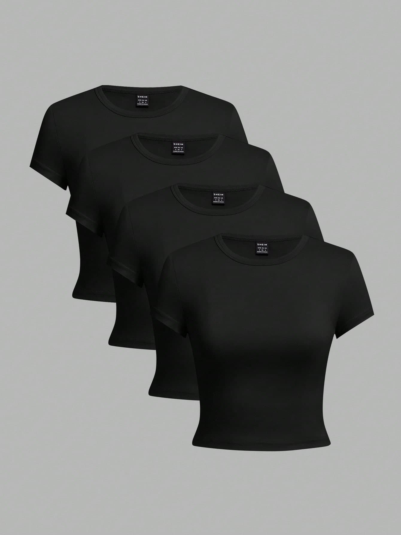 SHEIN EZwear 4pcs Black Casual Round Neck Short Sleeve Fitted Women T-Shirts, Suitable For Summer