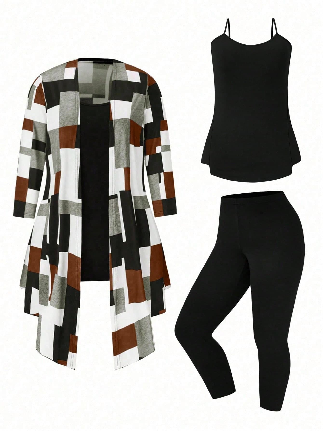 EMERY ROSE Plus Size Casual Contrasting Plaid Long Jacket & Solid Color Spaghetti Strap Jumpsuit 3pcs Set For Autumn Fall Cloth For Women