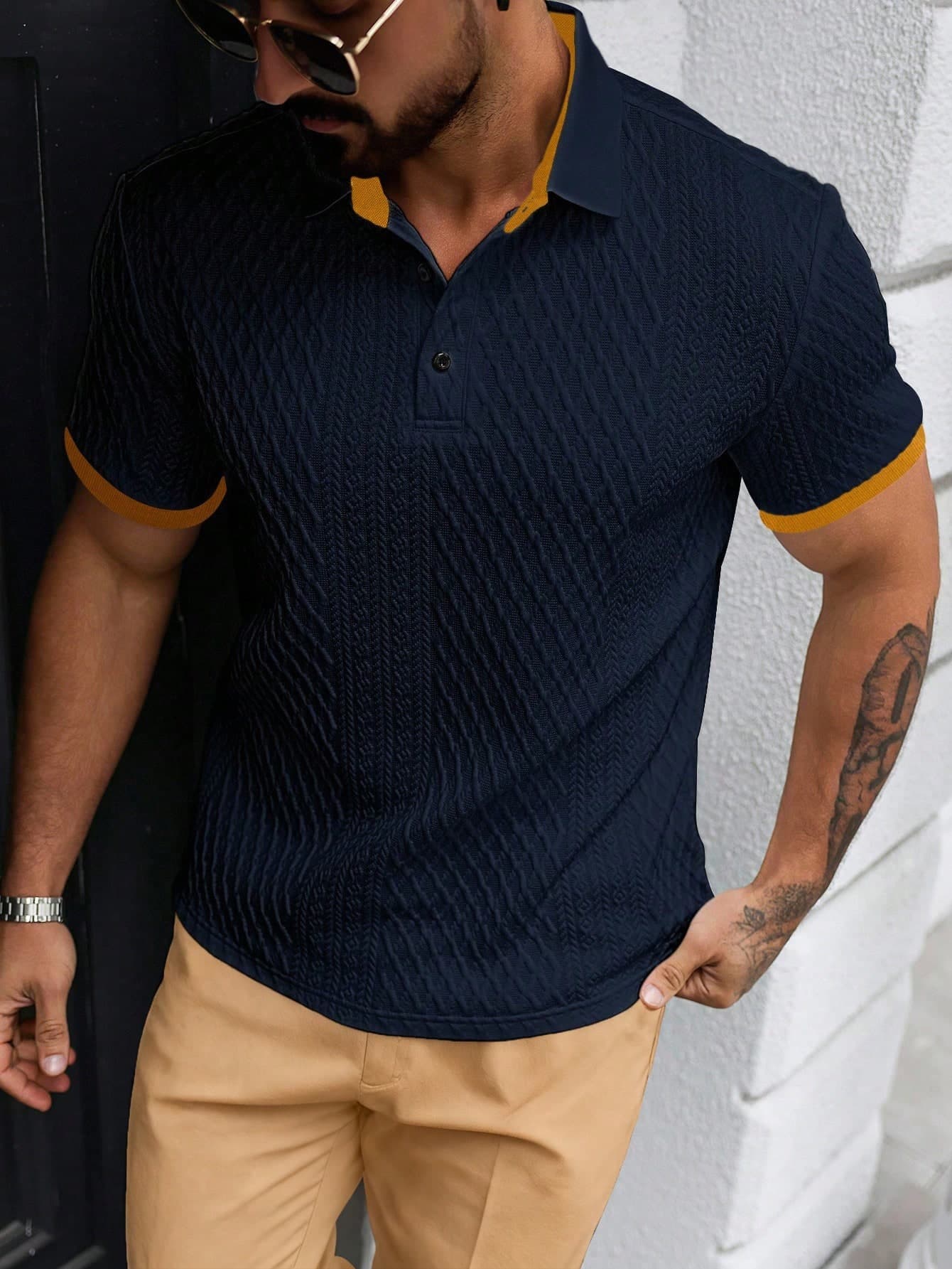 Manfinity Homme Men's Contrast Trim Half-Placket Casual Short Sleeve Raglan Polo Shirt Men Navy Blue Men Knitted Textured, Formal