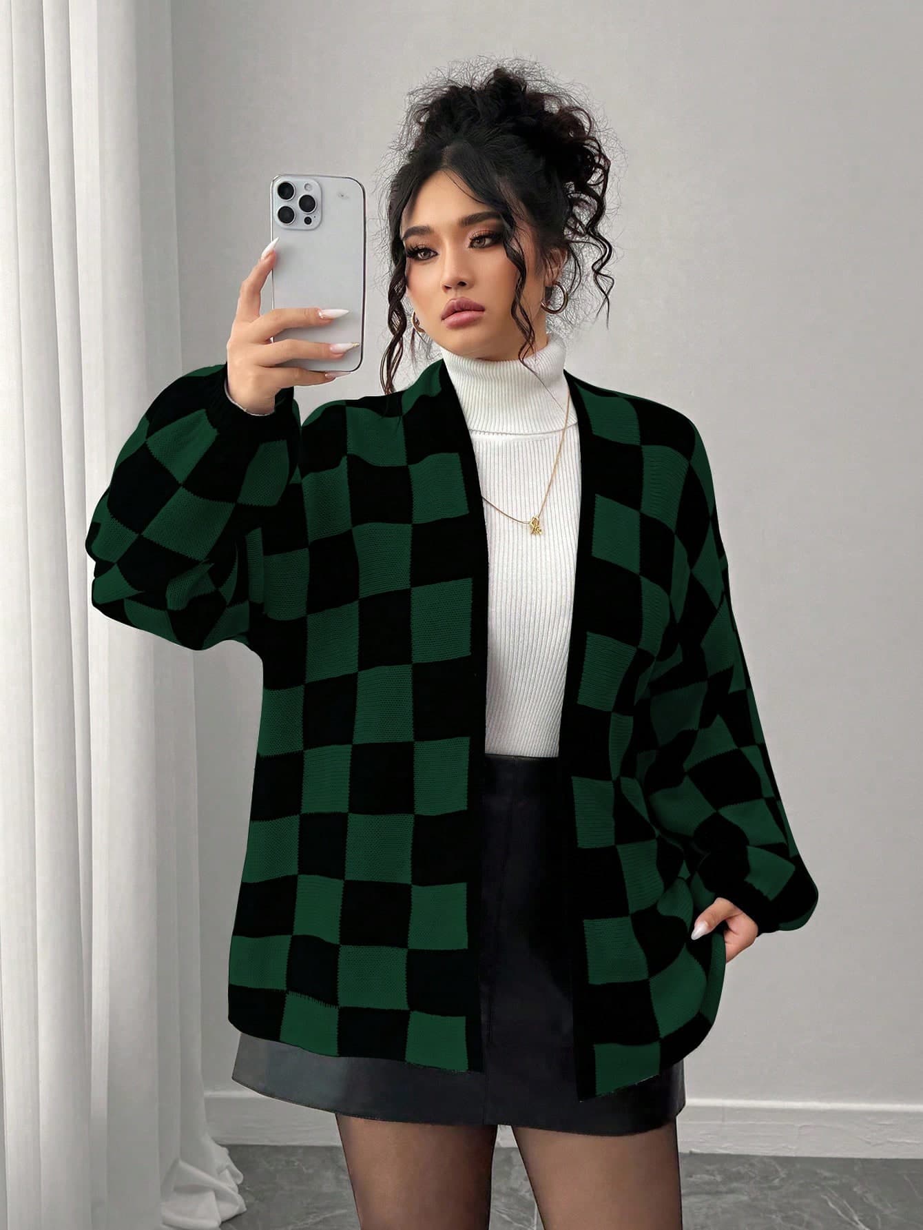 Elenzga Christmas Autumn/Winter Fashion Casual Color Block Checkerboard Patchwork Long Sleeve Loose Plus Size Cardigan For Women, Outerwear, Vacation, Party
